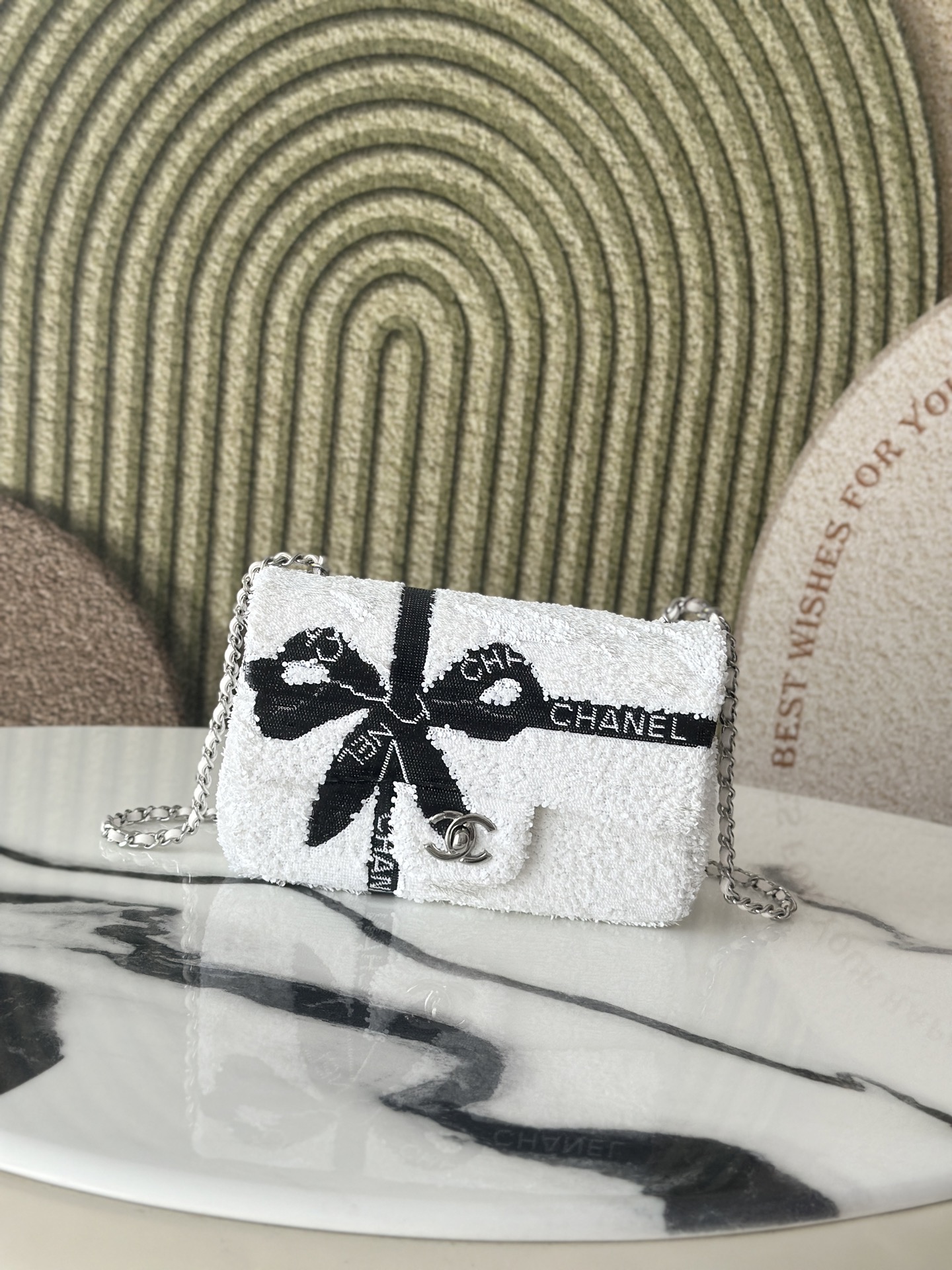 24B White & Black Sequin Bow Mini Classic Flap Bag with Silver-Tone Hardware - Mocuir