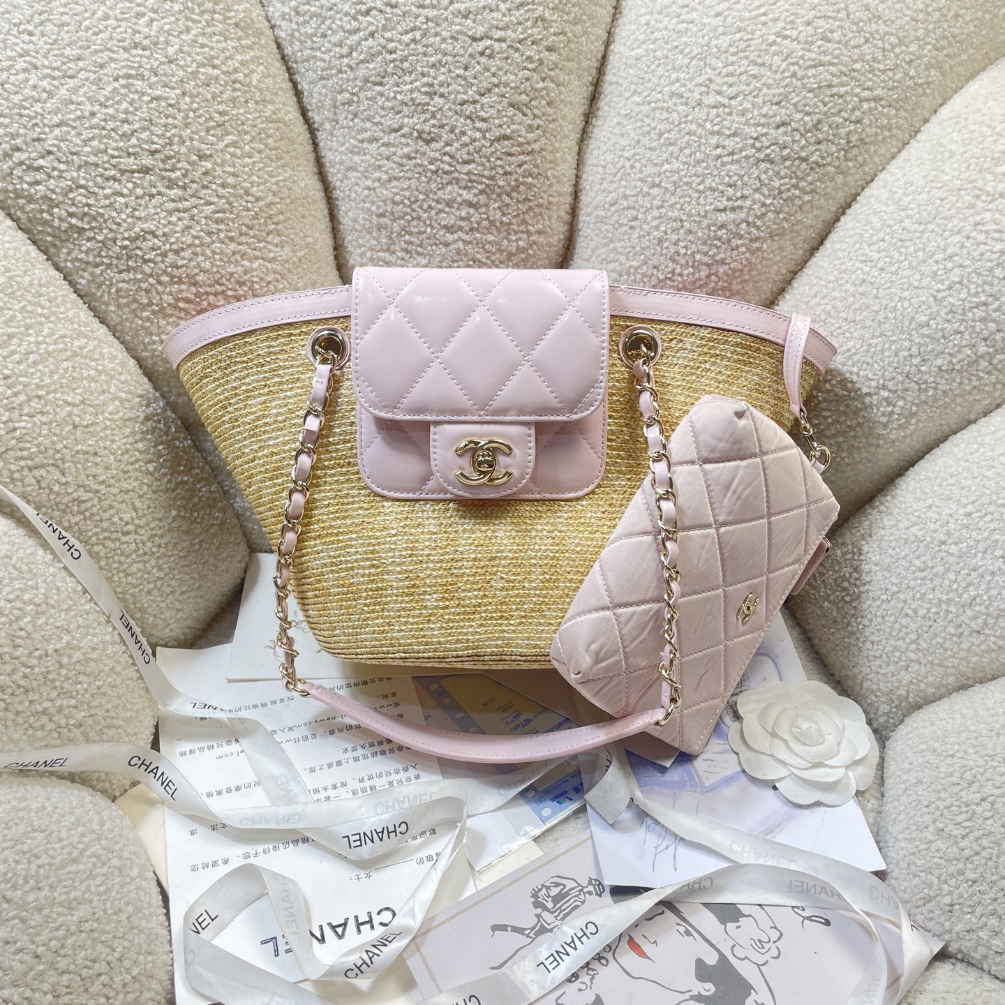 Straw & Lambskin Tote Bag with Pouch in Sakura Pink with Gold-Tone Hardware, 25C Cruise Collection - Mocuir