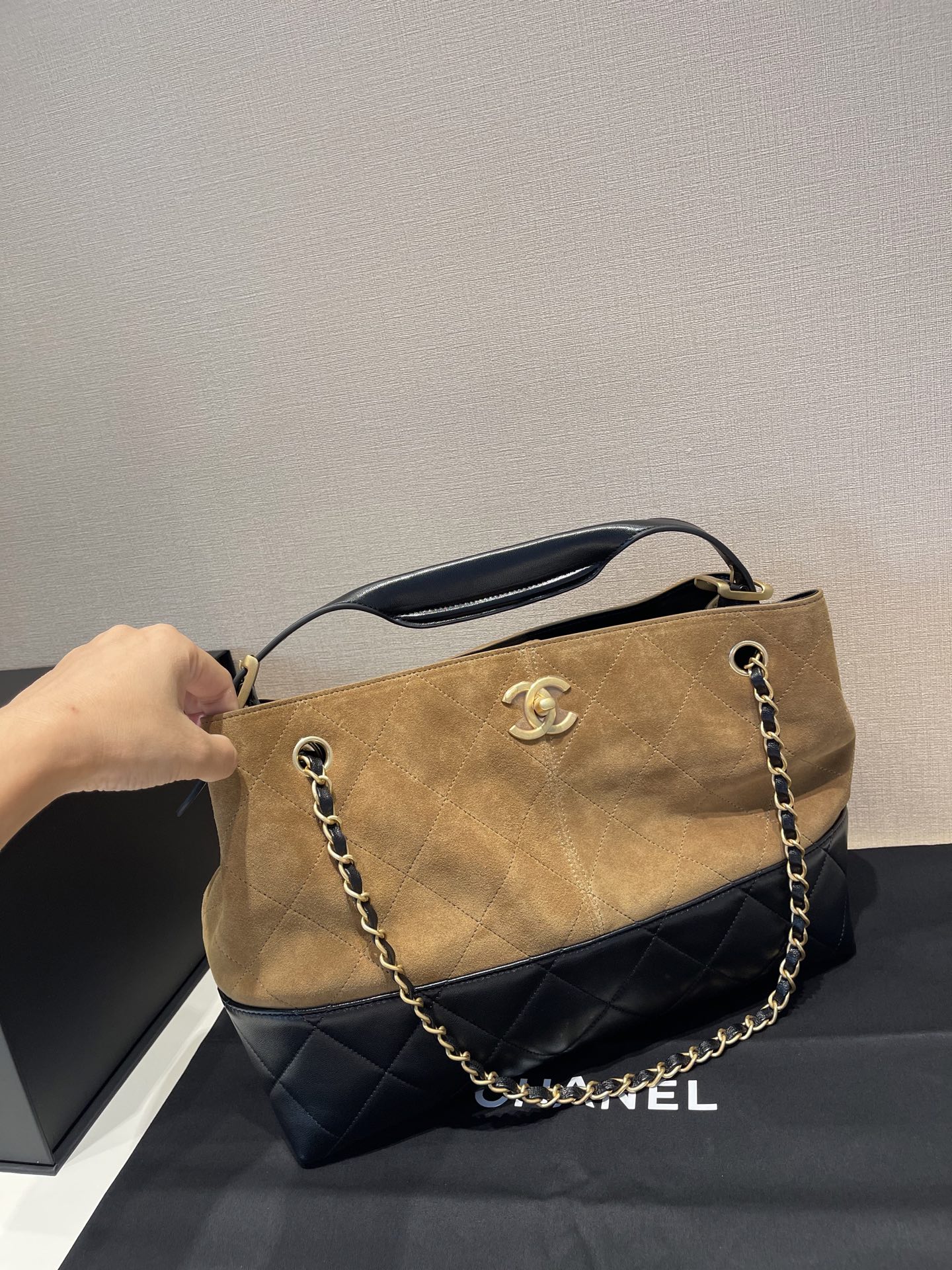 Small Tote (AS5634B) in Beige & Black Suede Calfskin with Shiny Lambskin & Gold-Tone Hardware, 2024/25 Métiers d’art Collection - Mocuir