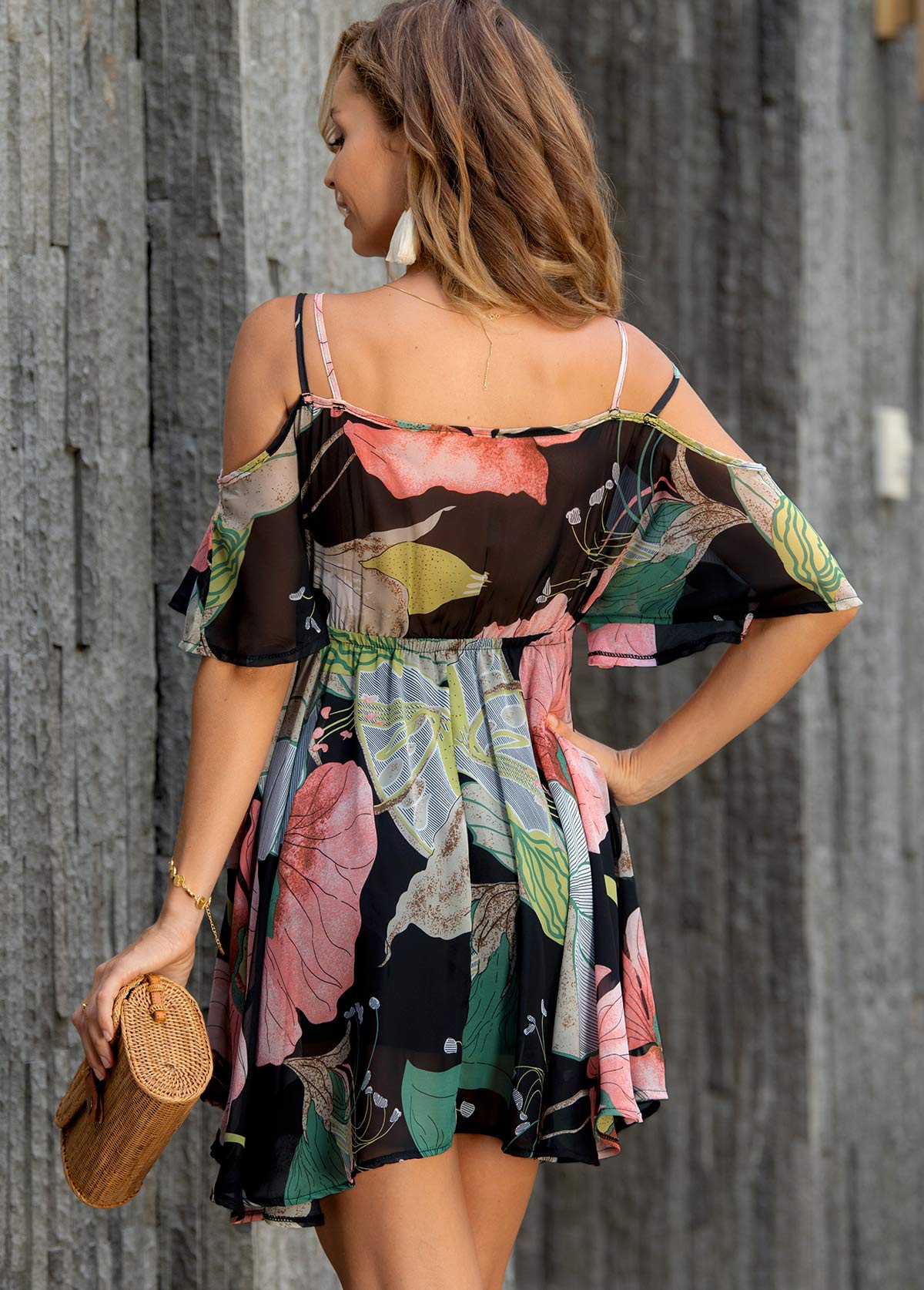 Strappy Cold Shoulder Floral Print Dress