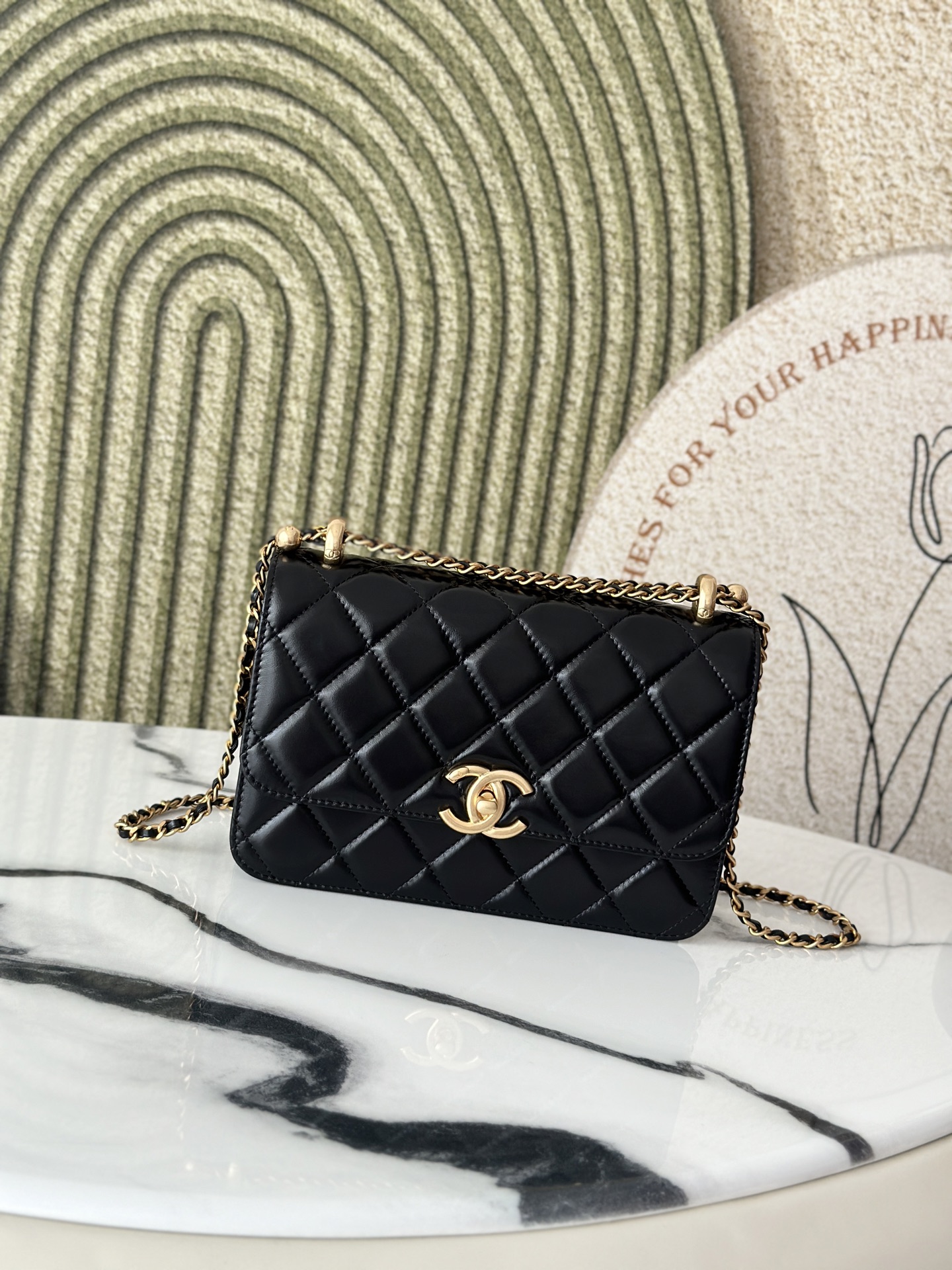 Small Flap Bag with Pearl Chain Detail in Black Shiny Calfskin with Gold-Tone Hardware - Mocuir