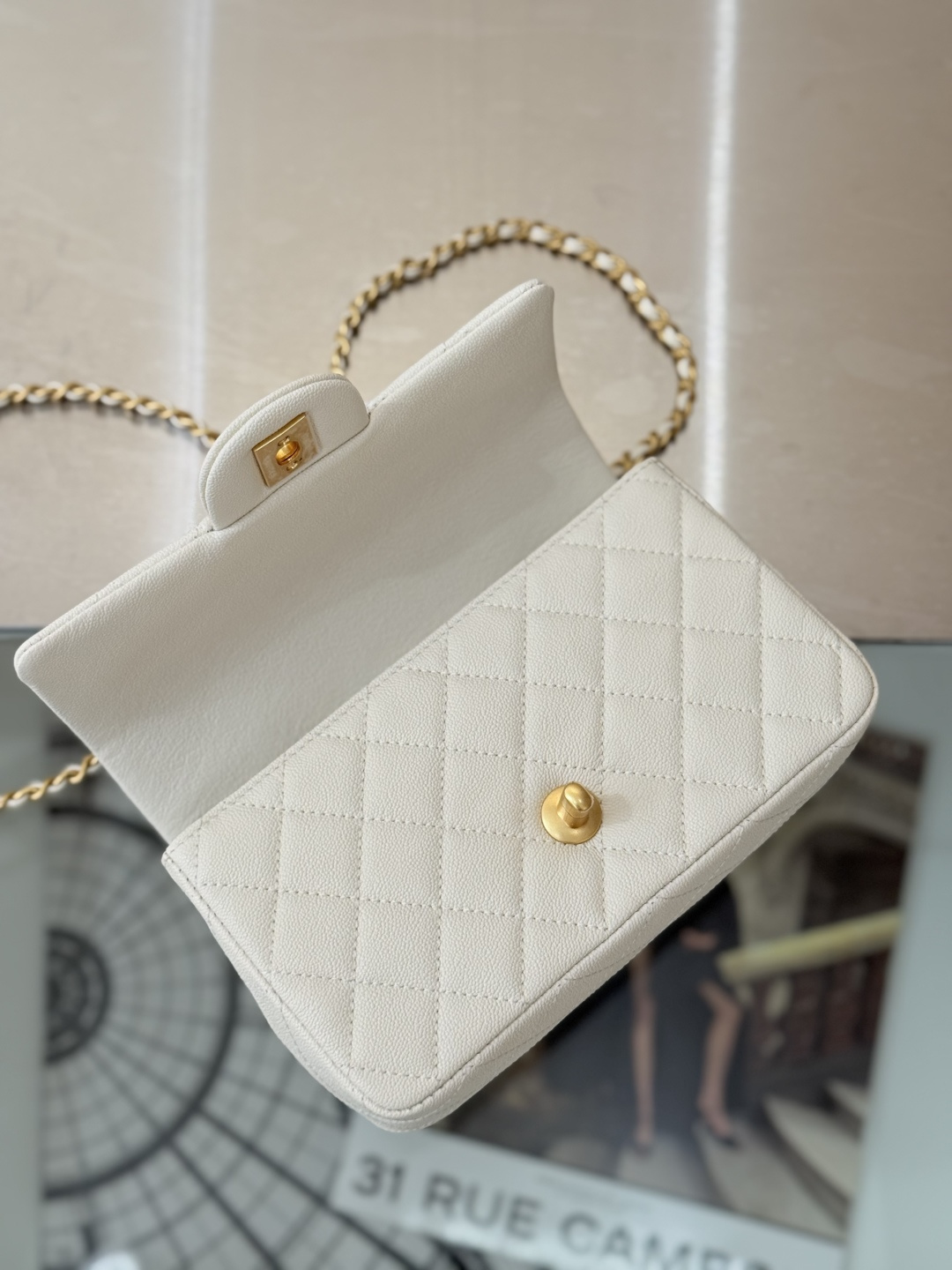 2025C CC Top Handle Small Bag (AS5265) in White Grained Calfskin with Antique Gold-Tone Hardware - Mocuir
