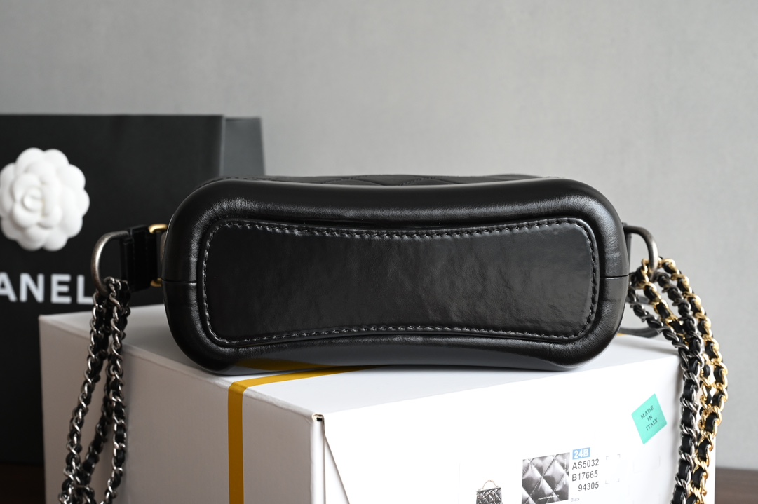 Gabrielle Small Hobo Bag in Black Aged & Smooth Calfskin with Mixed Gold & Silver Hardware (Model A91810) - Mocuir