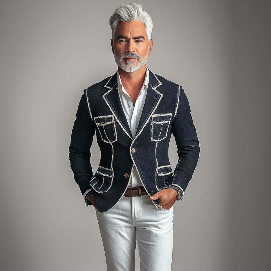 Men's Business Notched Lapel Two Button Contrast Binding Denim Jacket