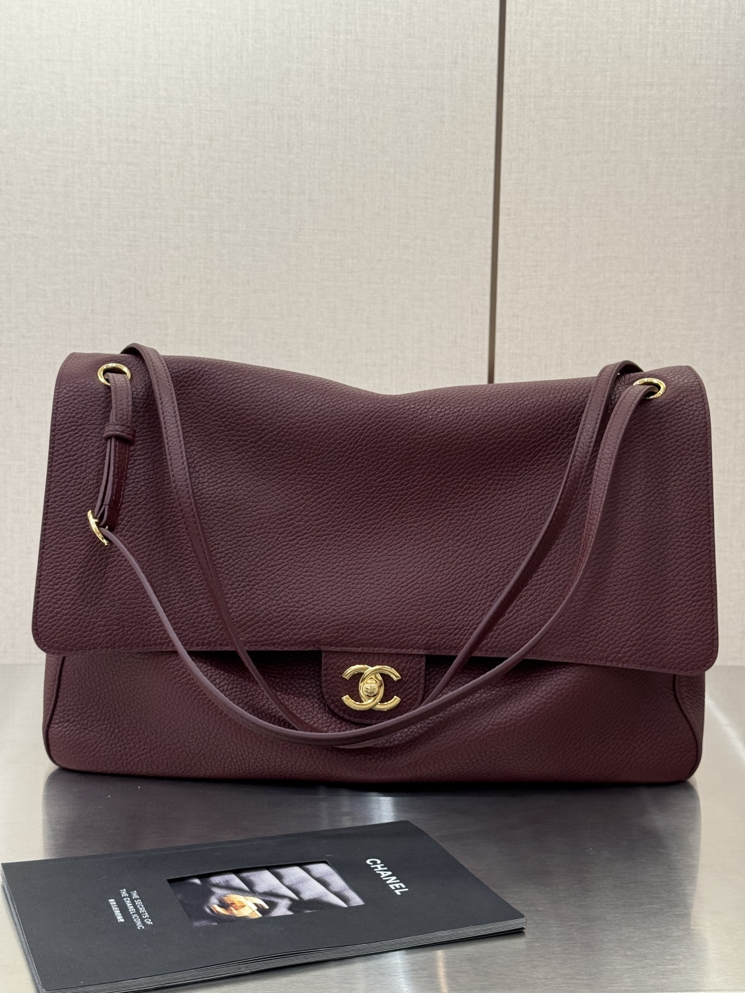 26S Burgundy Grained Calfskin Maxi Flap Airport Bag with Gold Hardware - Mocuir