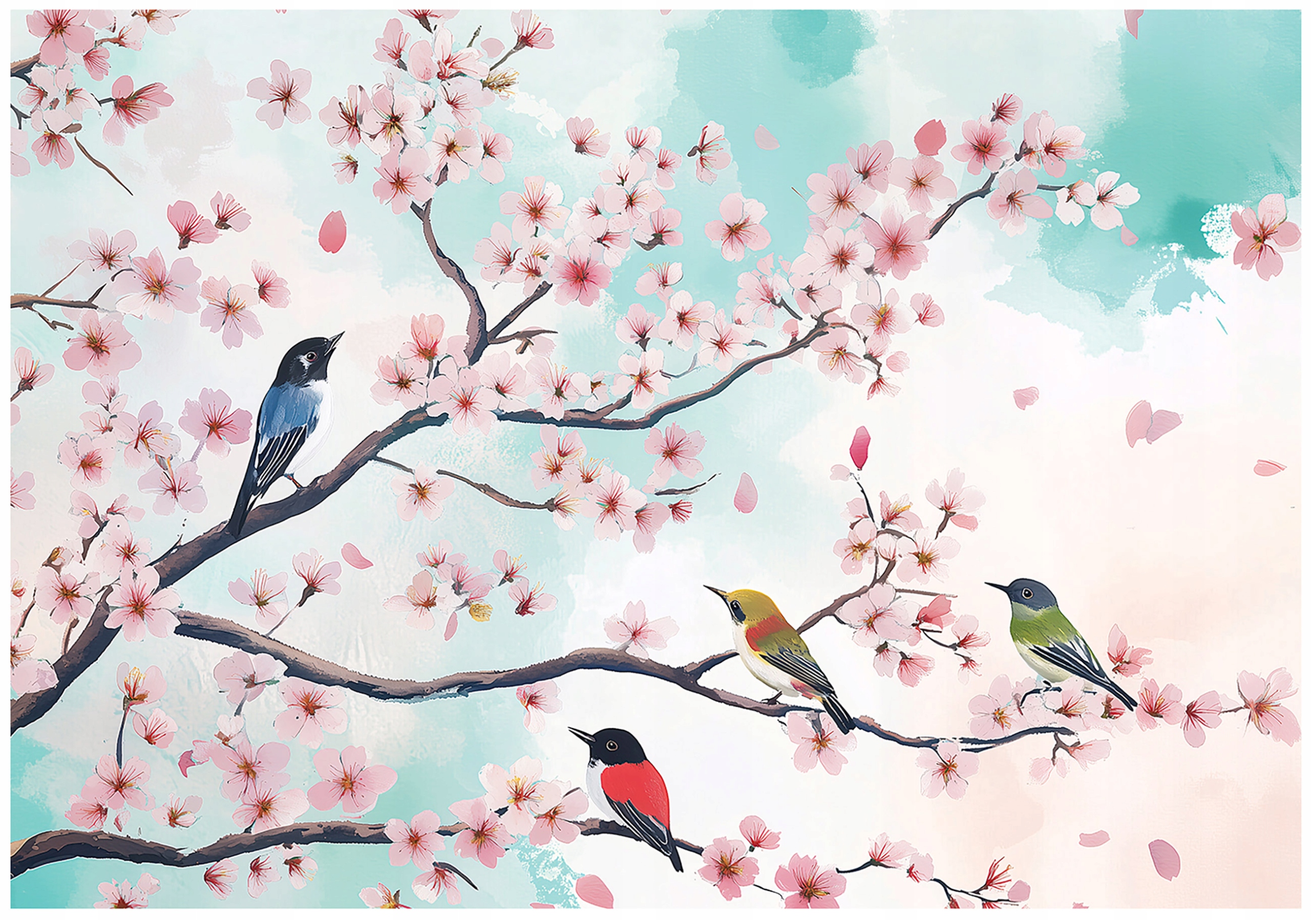 Wall mural featuring birds, cherry blossoms, and twigs for the bedroom or living room