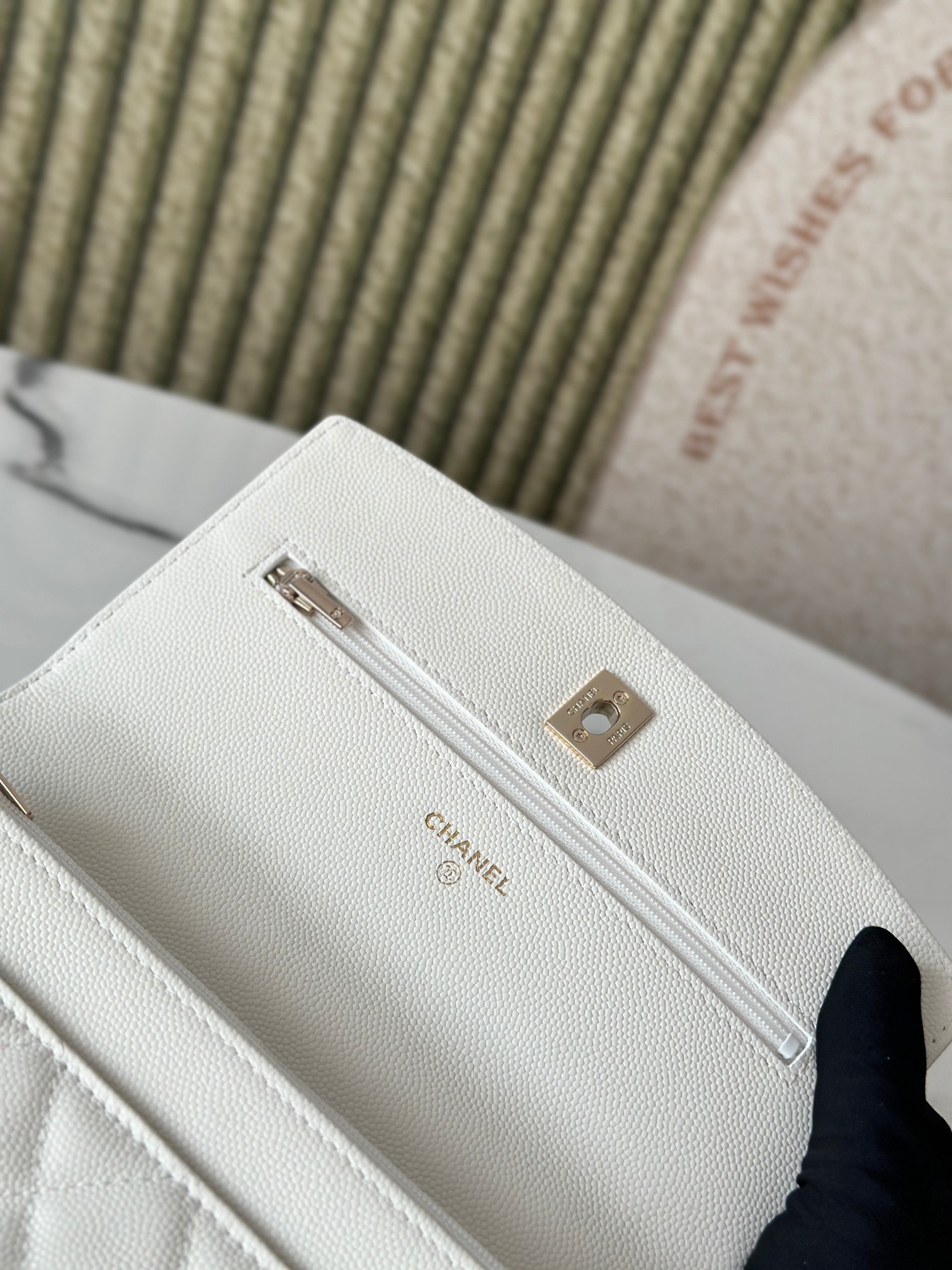 Classic Flap Mini Bag with Top Handle in White Caviar Leather with Light Gold Hardware (Model AP3341) - Mocuir