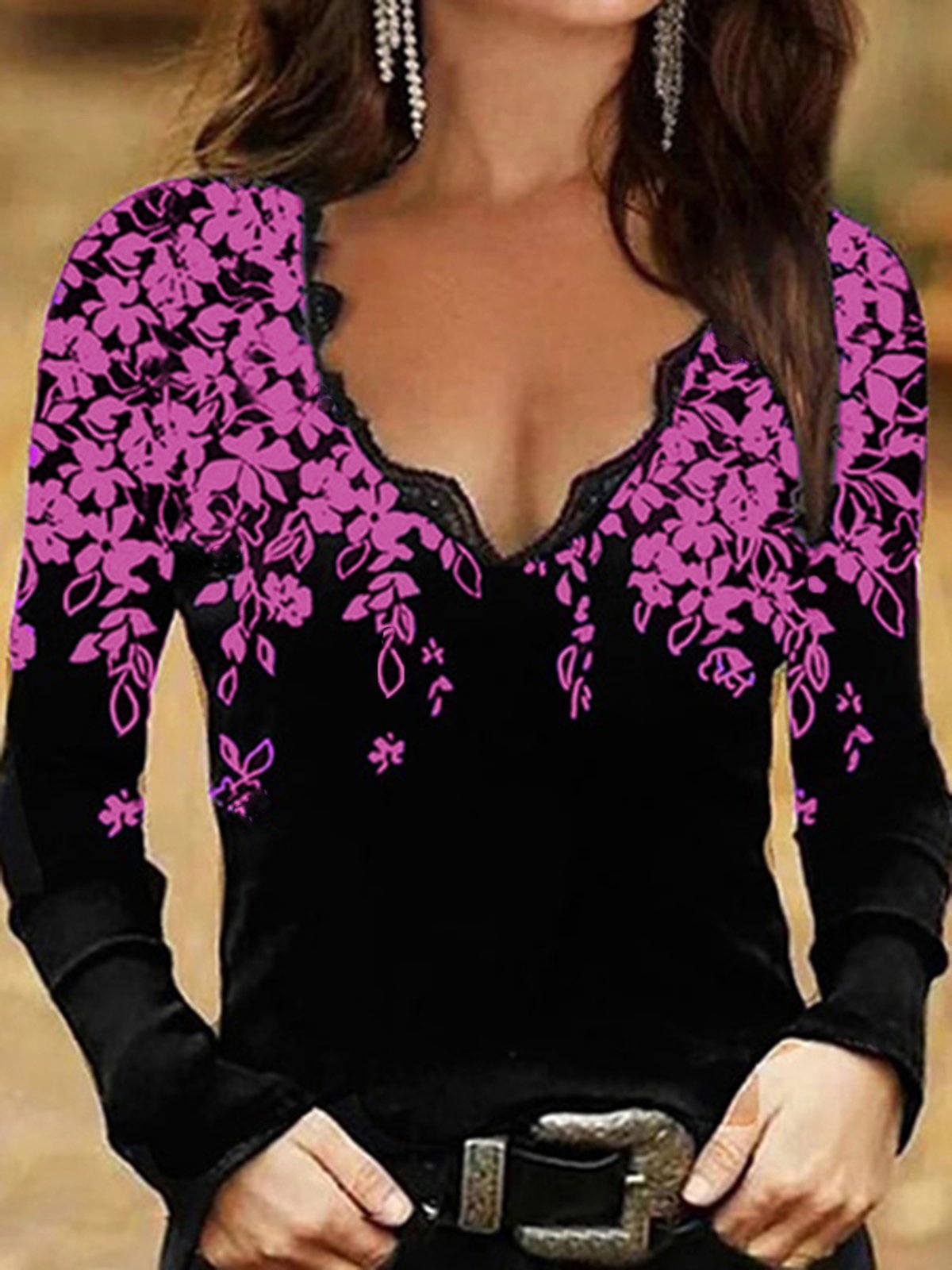 Black Floral Printed Casual V Neck Long Sleeve Sexy Shirts & Tops