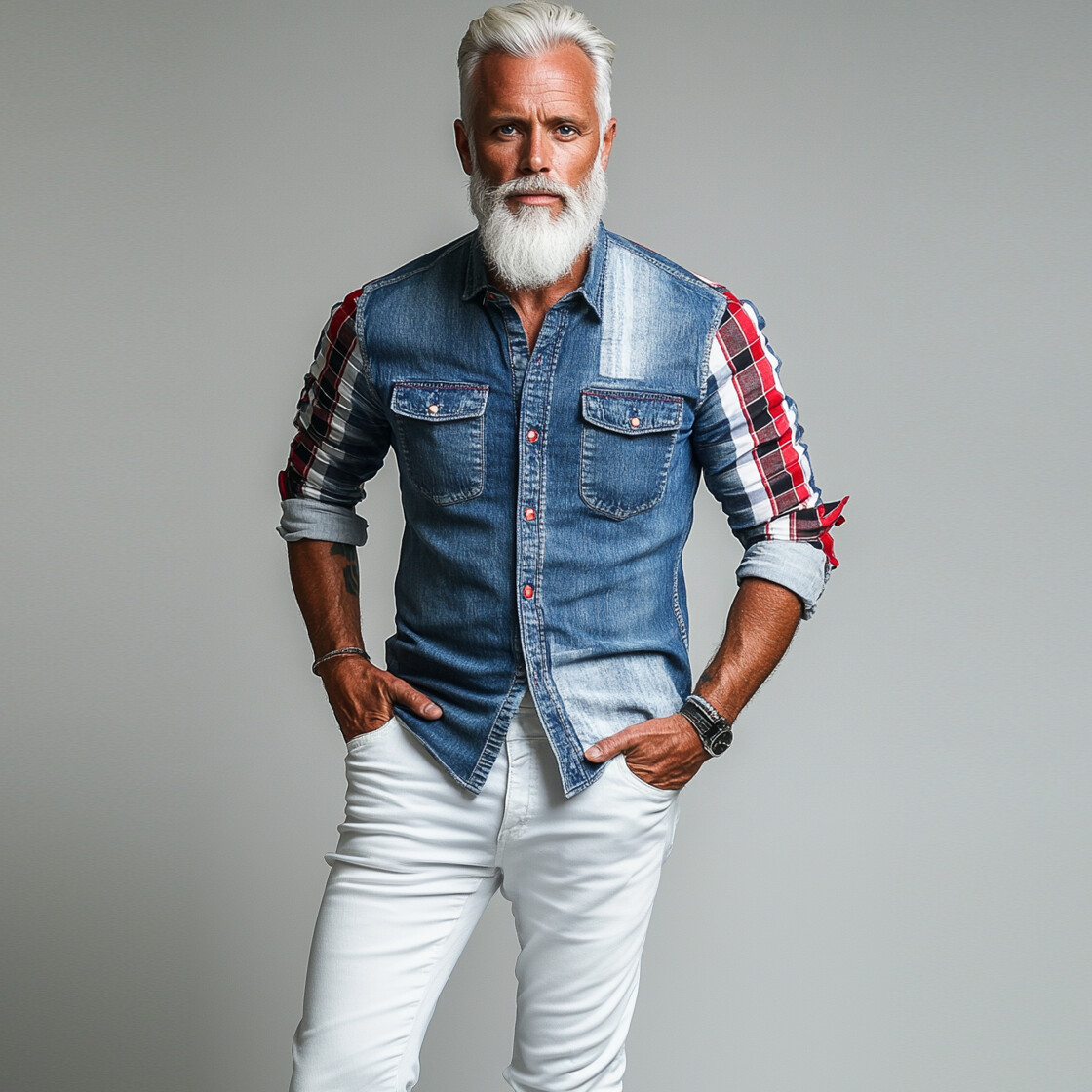 Men's Washed Denim Check Single Breasted Chest Pocket Shirt