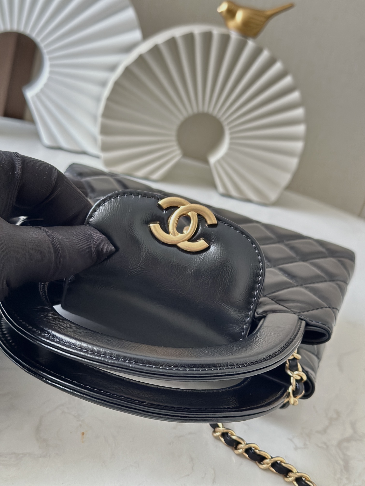 Black Shiny Calfskin Quilted Mini Kelly-Style Handbag with Gold Hardware - Mocuir