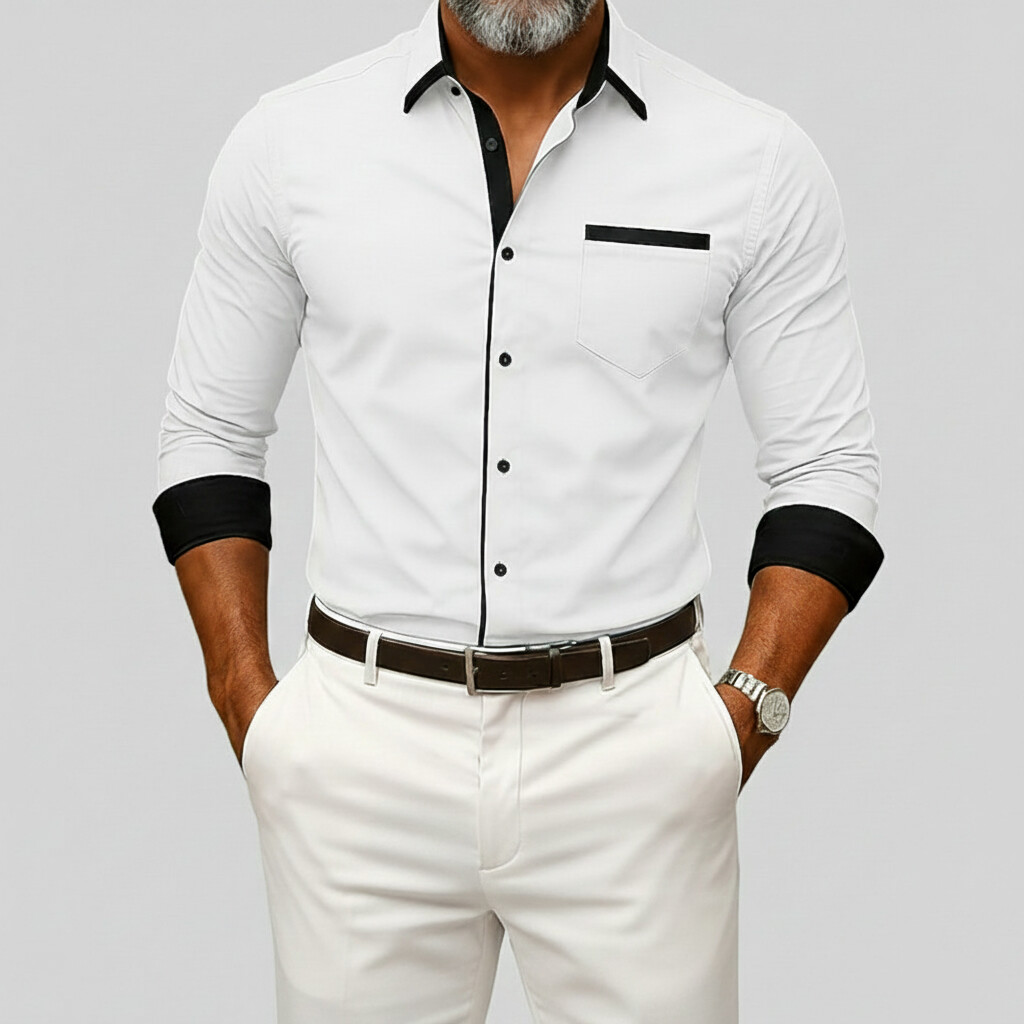 Men's Business Casual Contrast Color Shirt Collar Single Breasted Long Sleeve Shirts