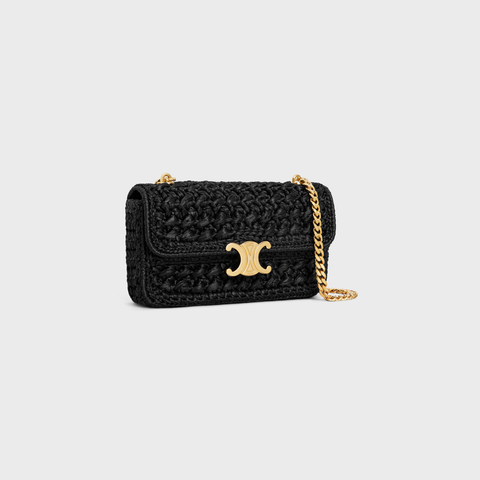 CHAIN SHOULDER BAG CLAUDE IN RAFFIA EFFECT TEXTILE BLACK