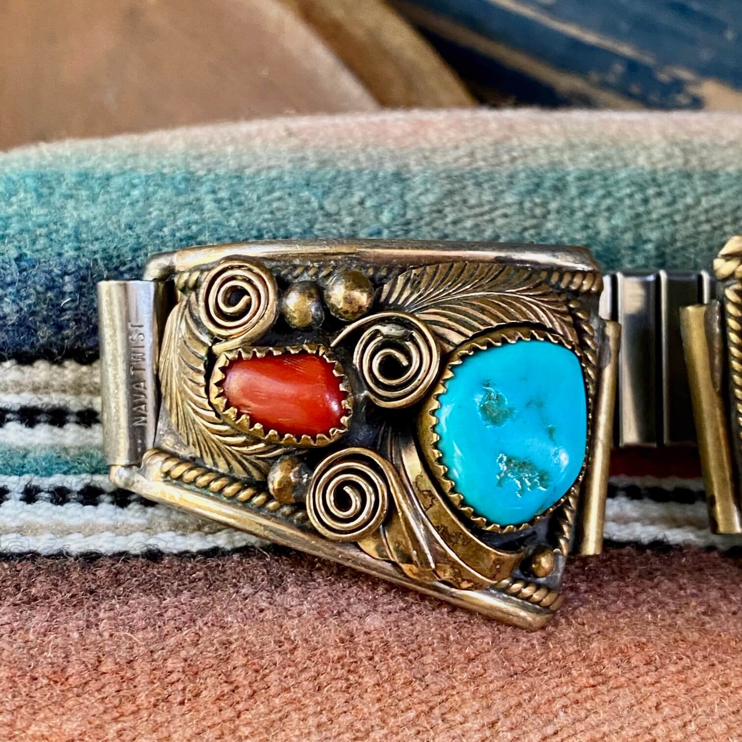 Navajo Gold Sterling Silver Turquoise Watch Band Vintage