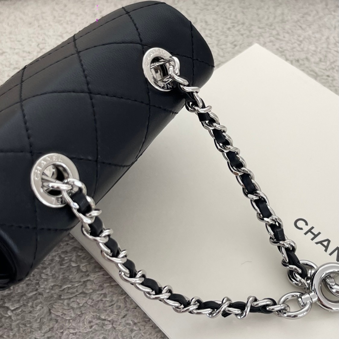 24C Black-Grey Knitted Mesh Tote Handbag with Attached Black Calfskin Mini Flap Bag and Silver-Tone Hardware - Mocuir