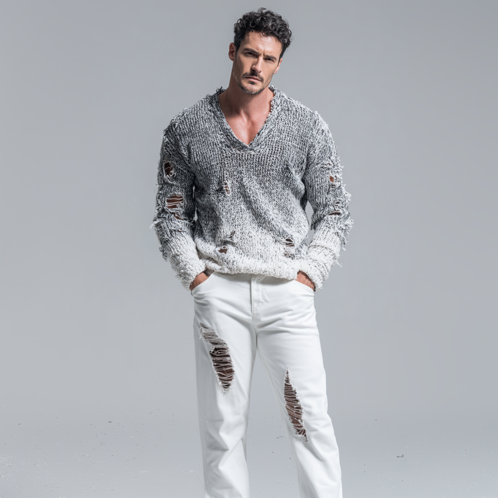 Men's Distressed Ripped Ombre Pattern V Neck Long Sleeve Knit Sweater