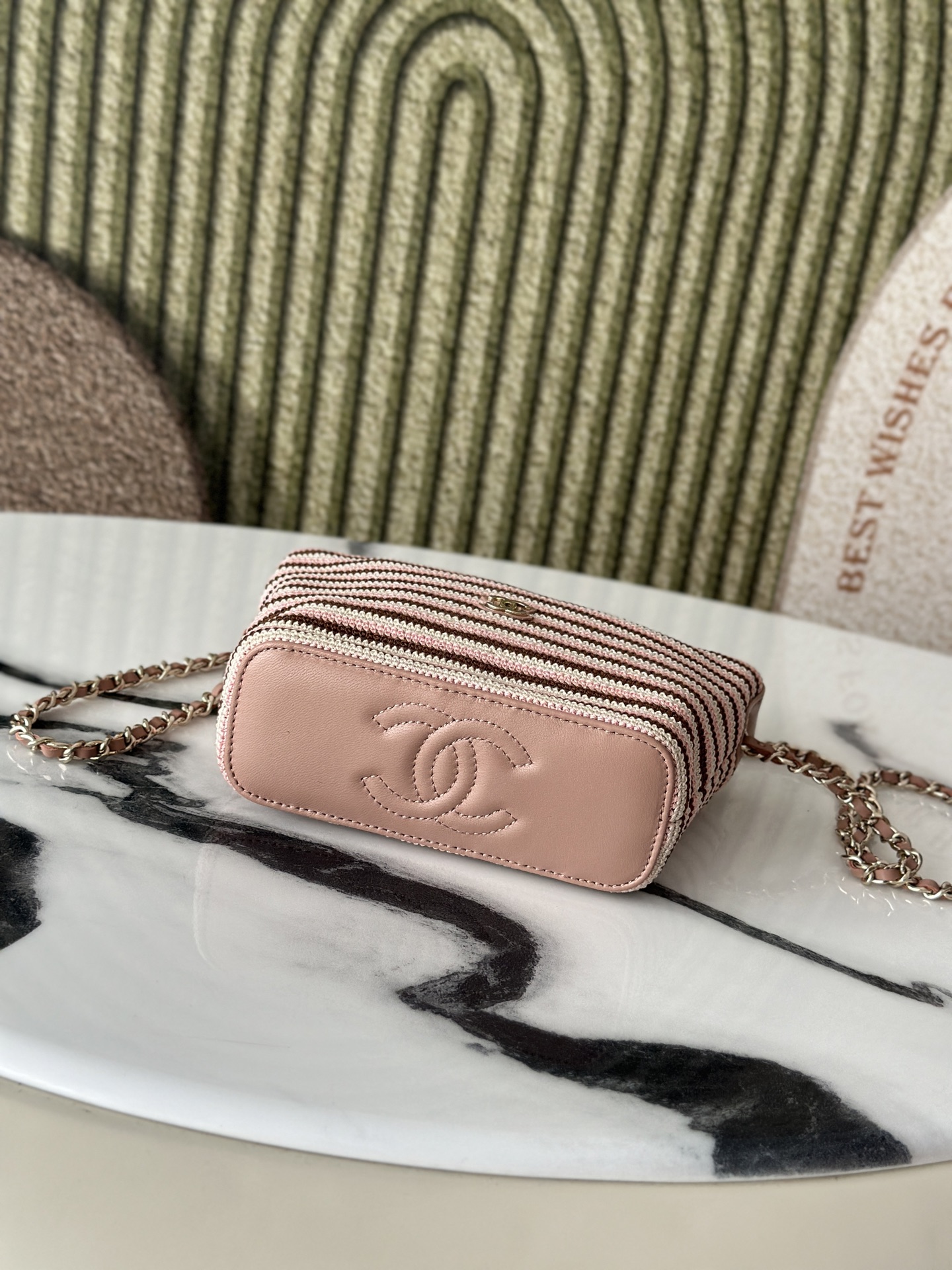 26P Cruise Mini Hobo Pouch with Chain in Pink/Brown/White Striped Crochet and Lambskin with Light Gold-Tone Hardware - Mocuir