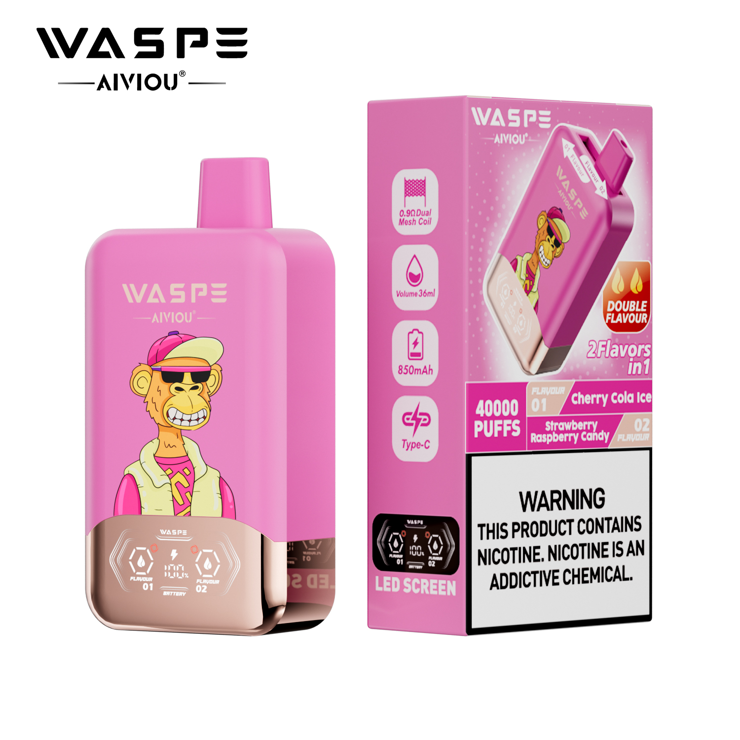 （3 pieces）WASPE 40000 40K Puffs Double Taste LCD Display Disposable Vape