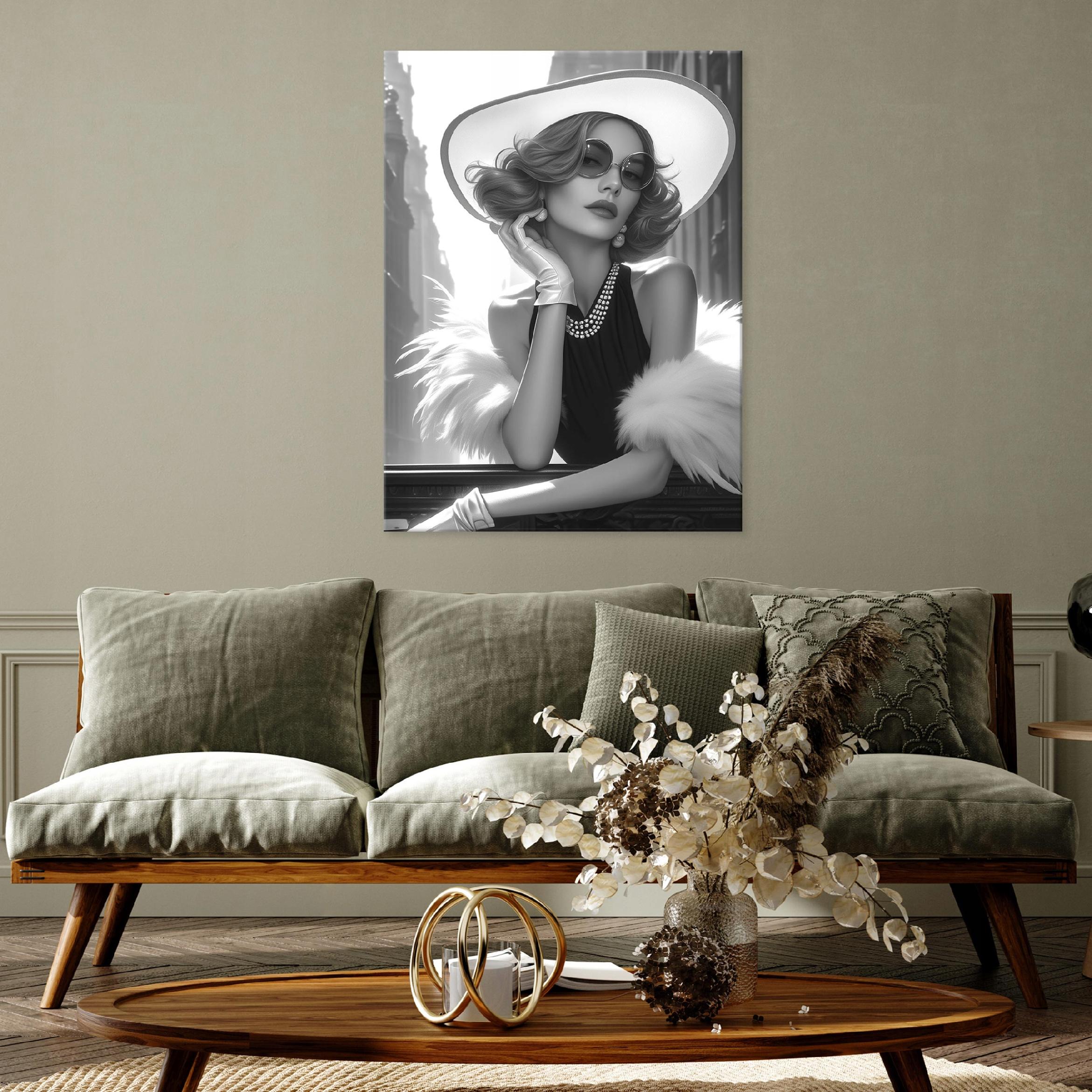 Black-and-white painting of a woman wearing a hat on canvas, suitable for the bedroom or living room, 40x30