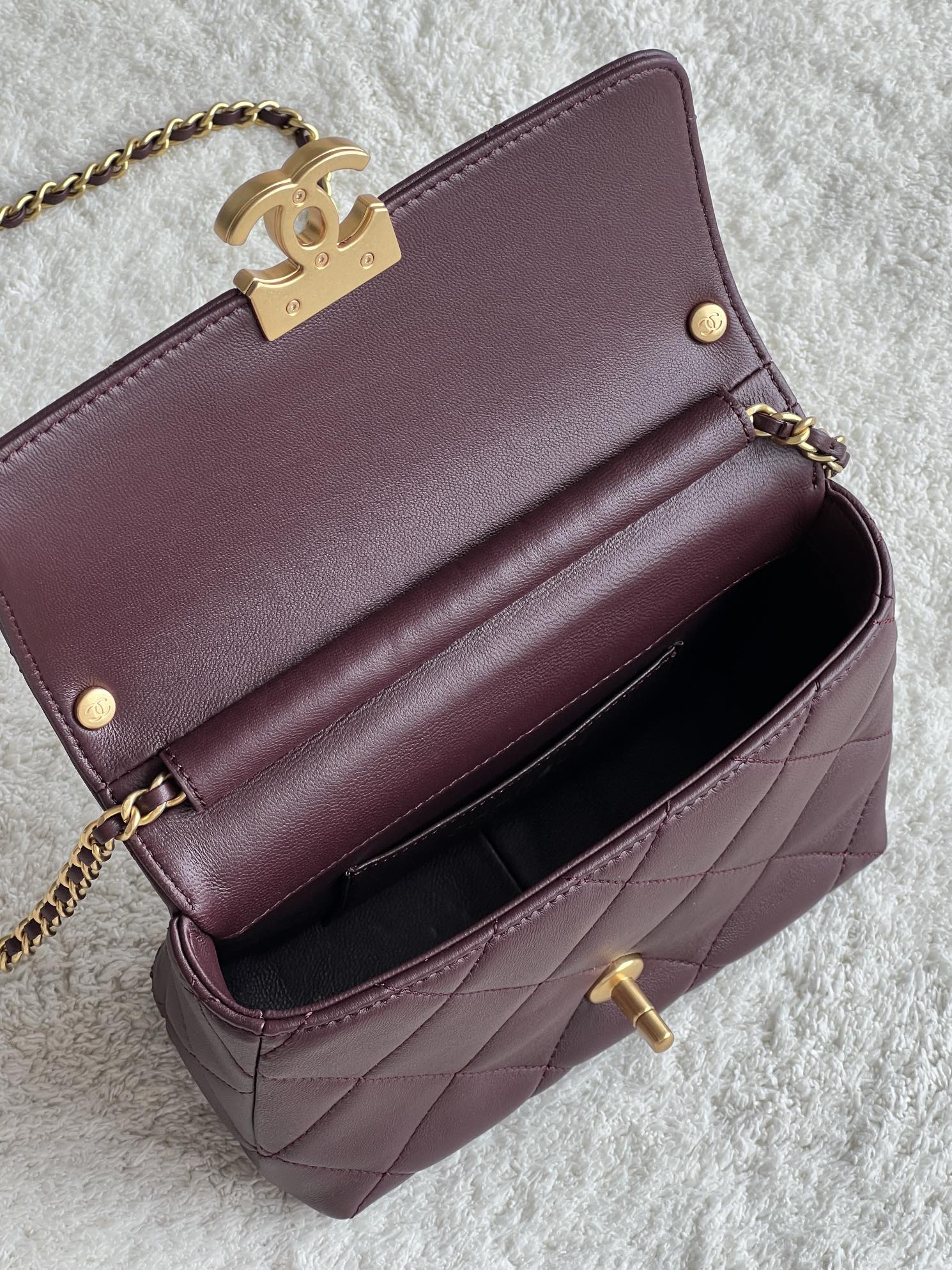 24A Mini Classic Flap Bag in Burgundy Quilted Lambskin with Pearl & Crystal CHANEL Letter Chain and Light Gold-Tone Hardware (AS4997) - Mocuir