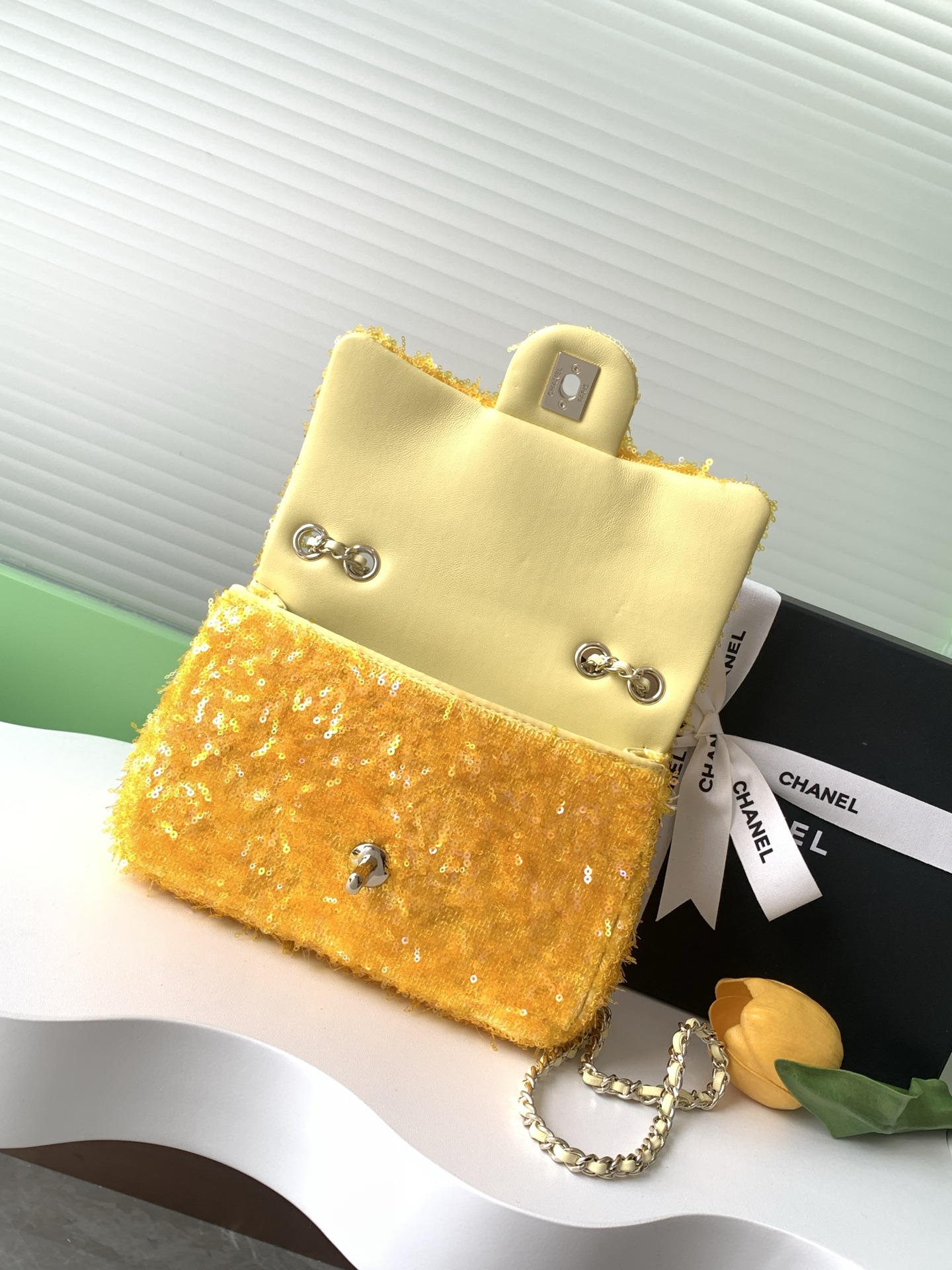2025 FallWinter Classic Flap Bag in Bright Yellow Sequins (AS4561) with Light Gold-Tone Hardware - Mocuir