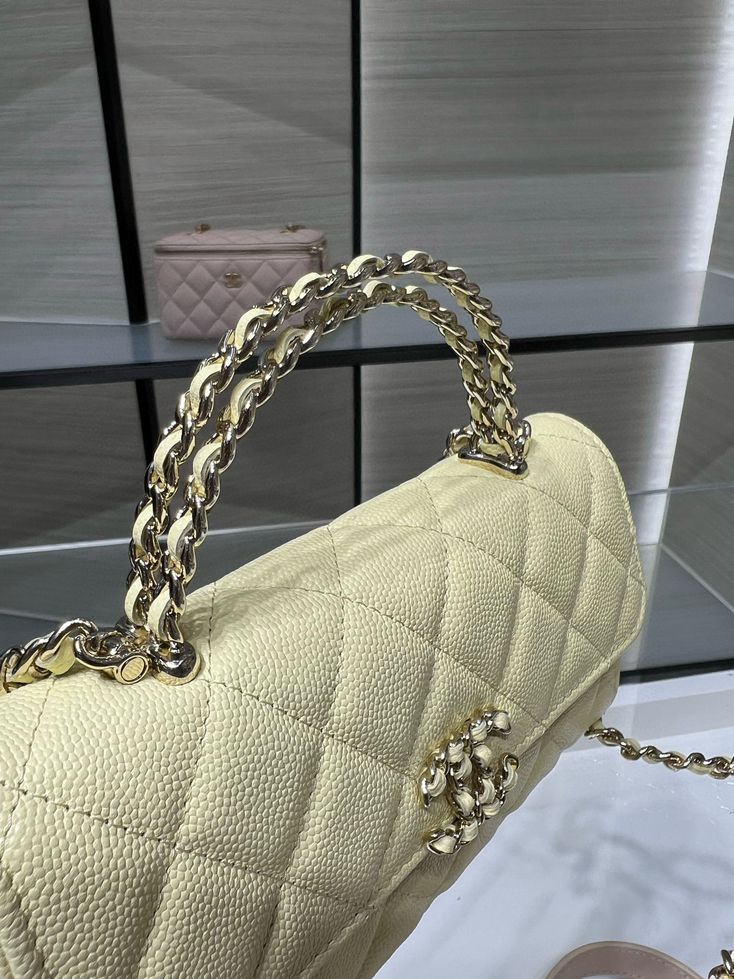 26S Spring-Summer Collection AP3238 Mini Top Handle Flap Bag in Yellow Quilted Grained Calfskin (Caviar) with Gold-Tone Hardware - Mocuir