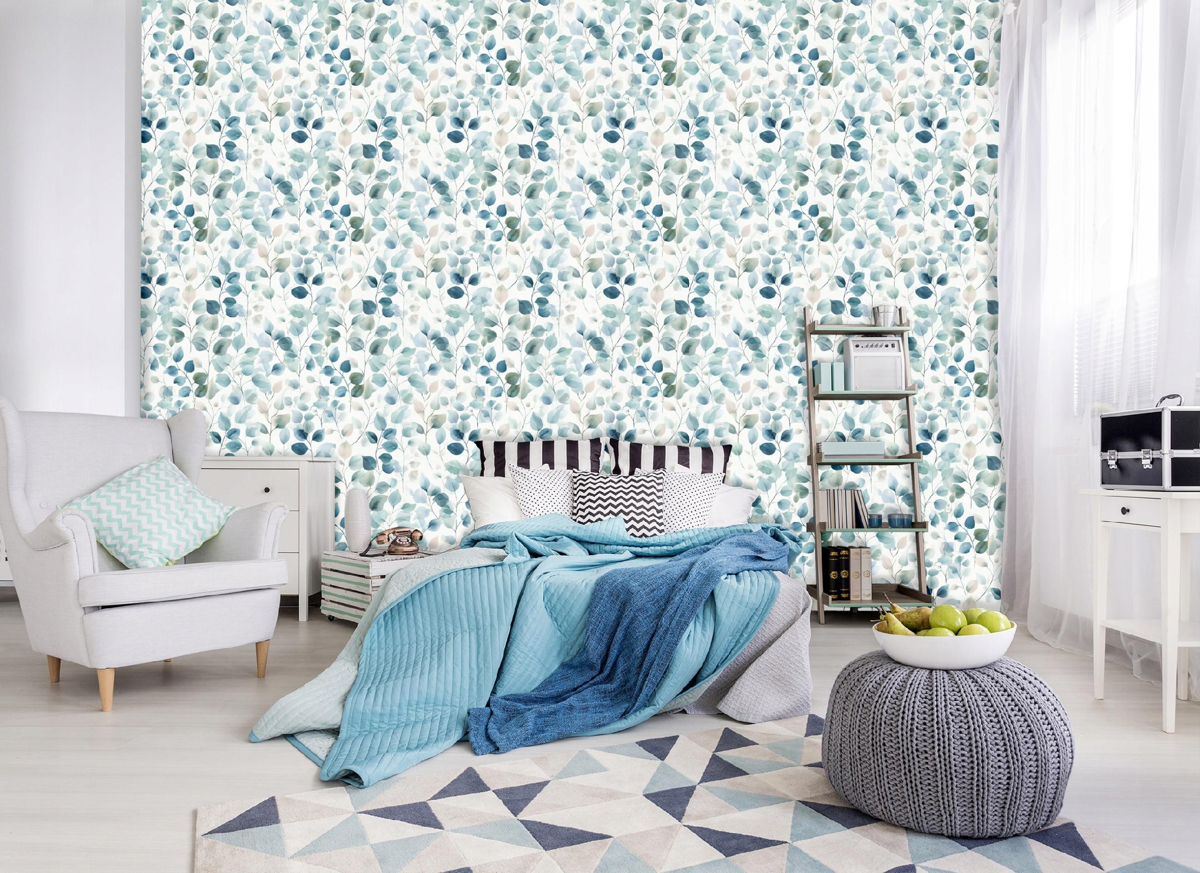 Blue watercolor leaf wallpaper on non-woven fabric for living room and bedroom walls