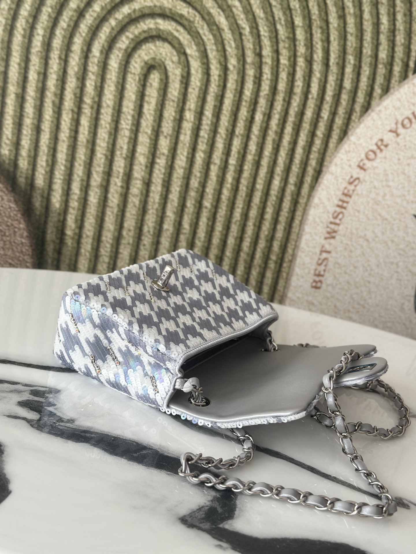 Limited Edition Silver Grey & White Houndstooth Sequin & Strass Mini Classic Flap Bag with Silver-Tone Hardware - Mocuir