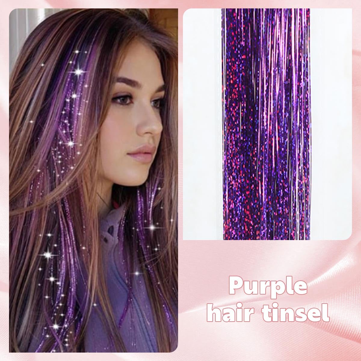 Purple Hair Tinsel Kit, 10 Packs Fairy Tinsel Hair Extensions for Teen Girls Heat Resistant Glitter Hair Accessories for Christmas New Year Halloween Cosplay Party(48 Inch)