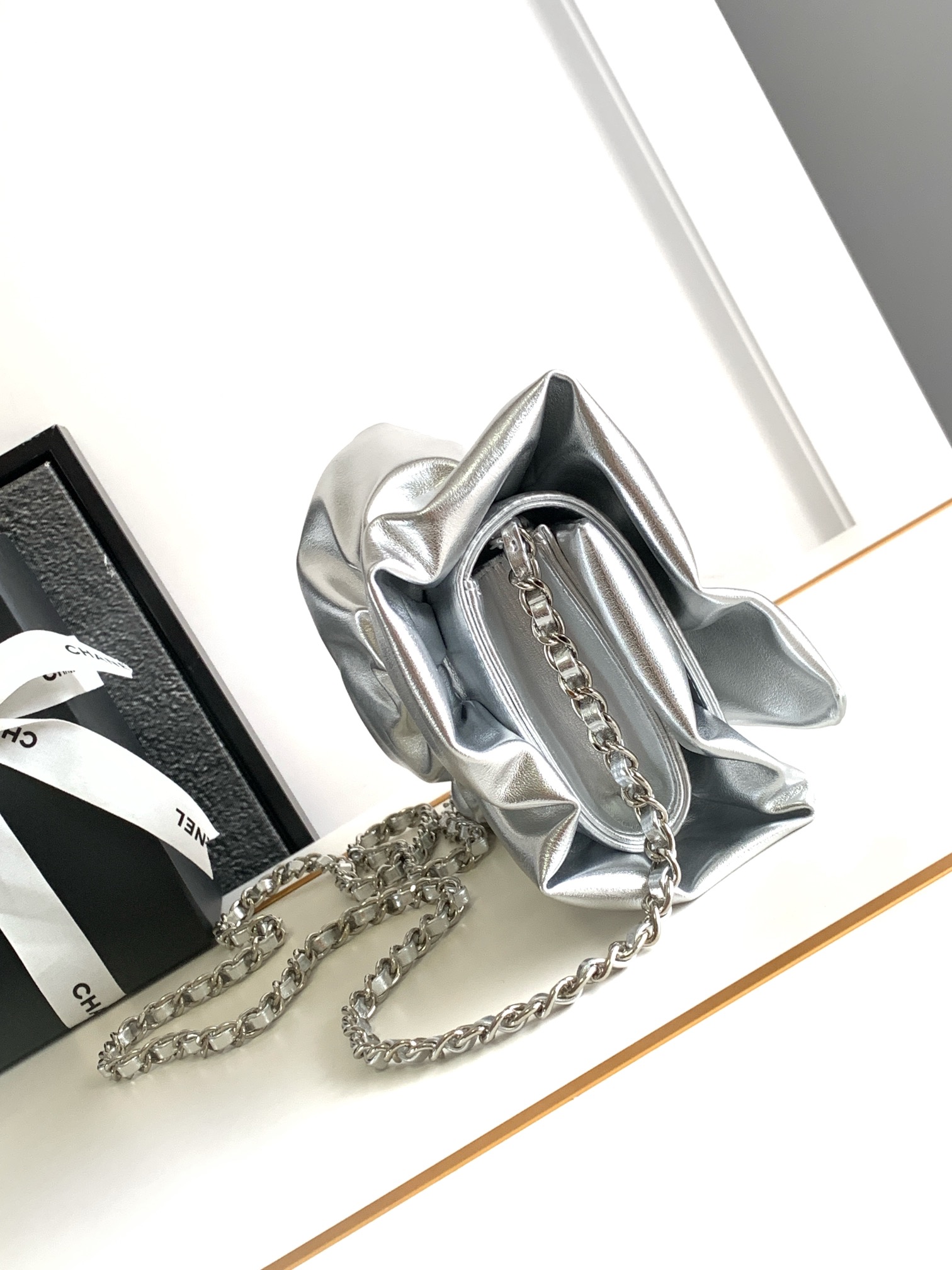 24B Bow Bag Evening Clutch with Chain in Metallic Silver Shiny Lambskin with Silver-Tone Hardware - Mocuir