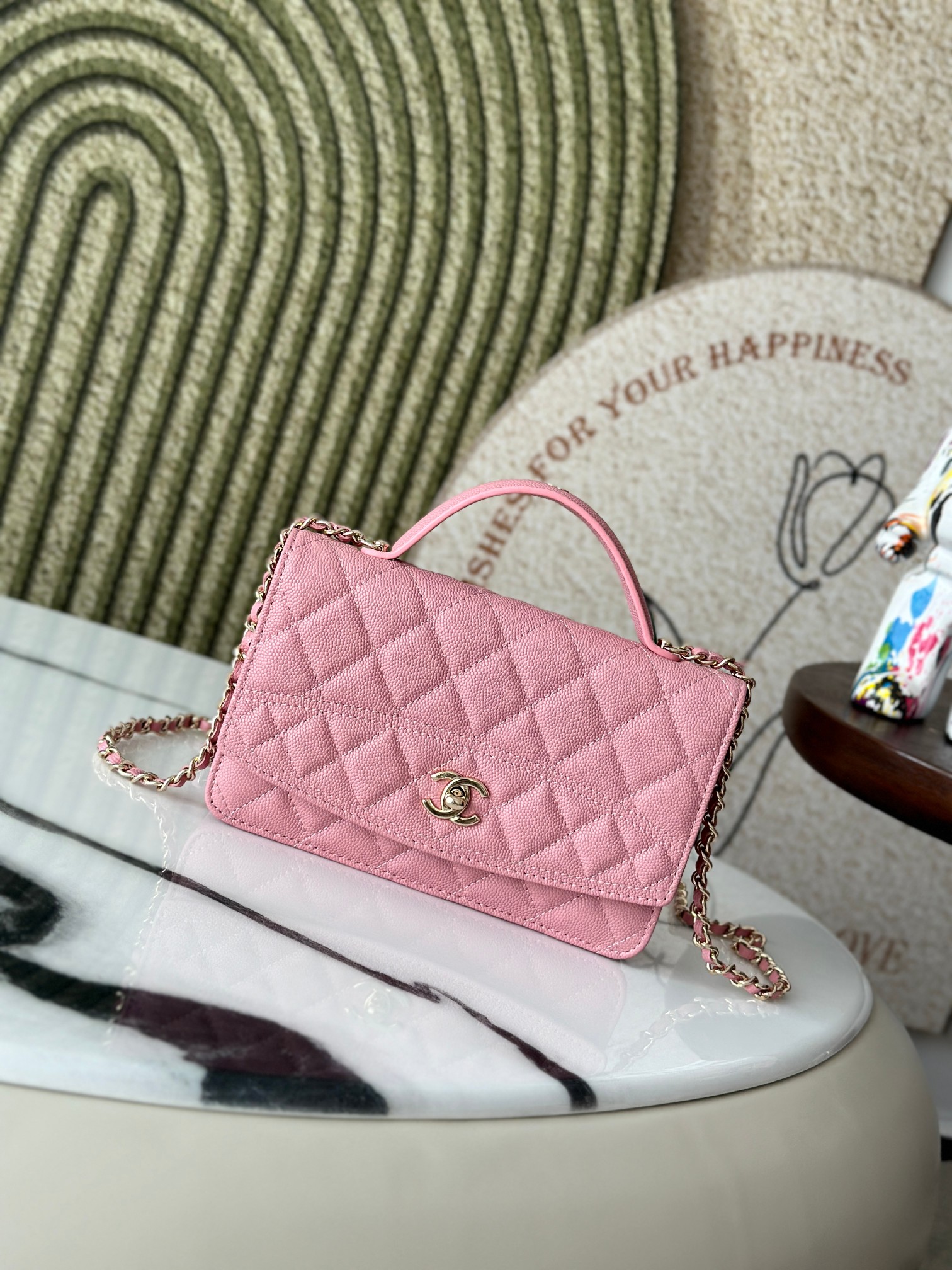 Classic Flap Mini Bag with Top Handle in Sakura Pink Caviar Leather with Light Gold Hardware (Model AP3341) - Mocuir