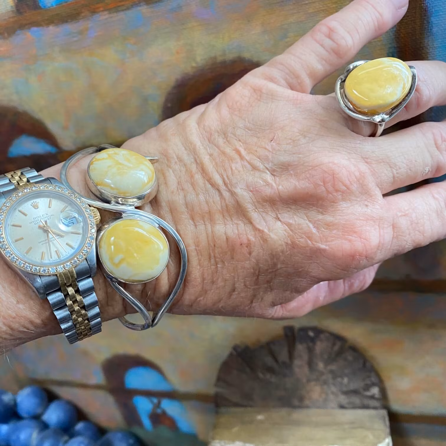 Sterling Silver Egg Yolk Baltic Amber Cuff Bracelet