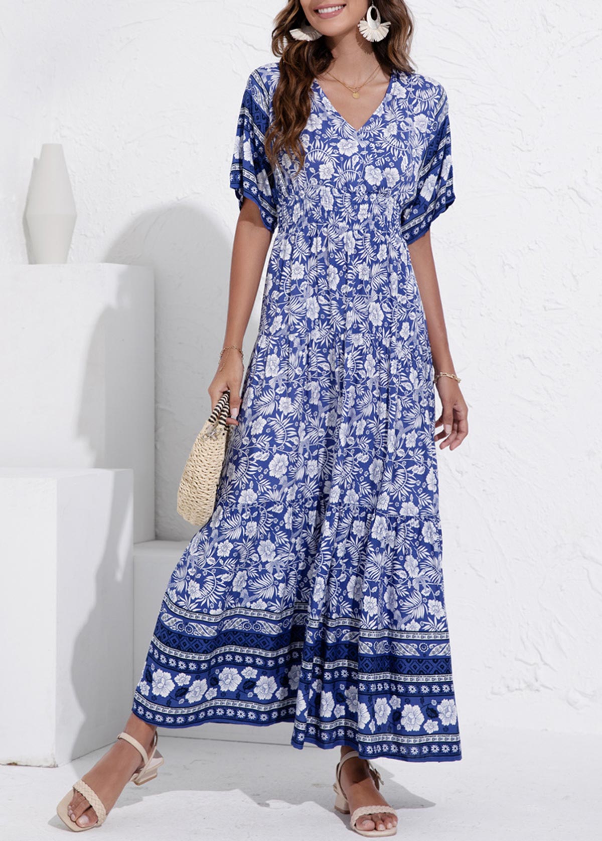Navy Blue Floral Print V Neck Dress