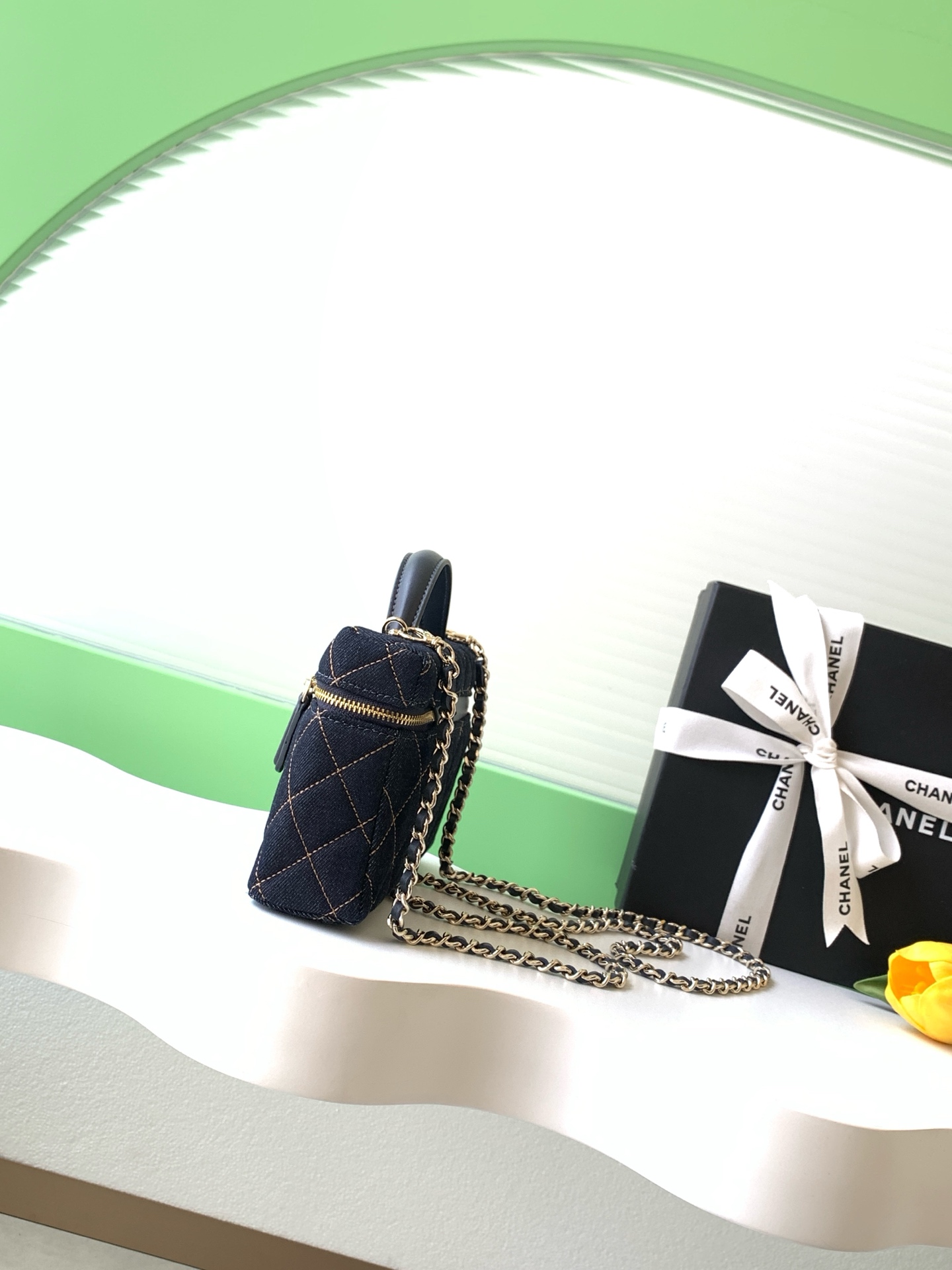 26P Pre-Collection Quilted Denim LP Top Handle Vanity Case in Dark Blue with Gold Hardware (Model AP4385) - Mocuir