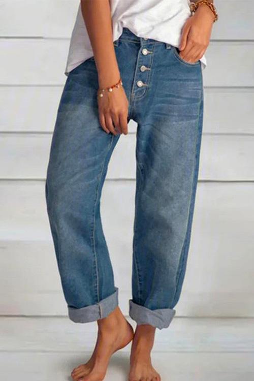 Loose Buttons Pockets Mid Waist Polyester Jeans Pants