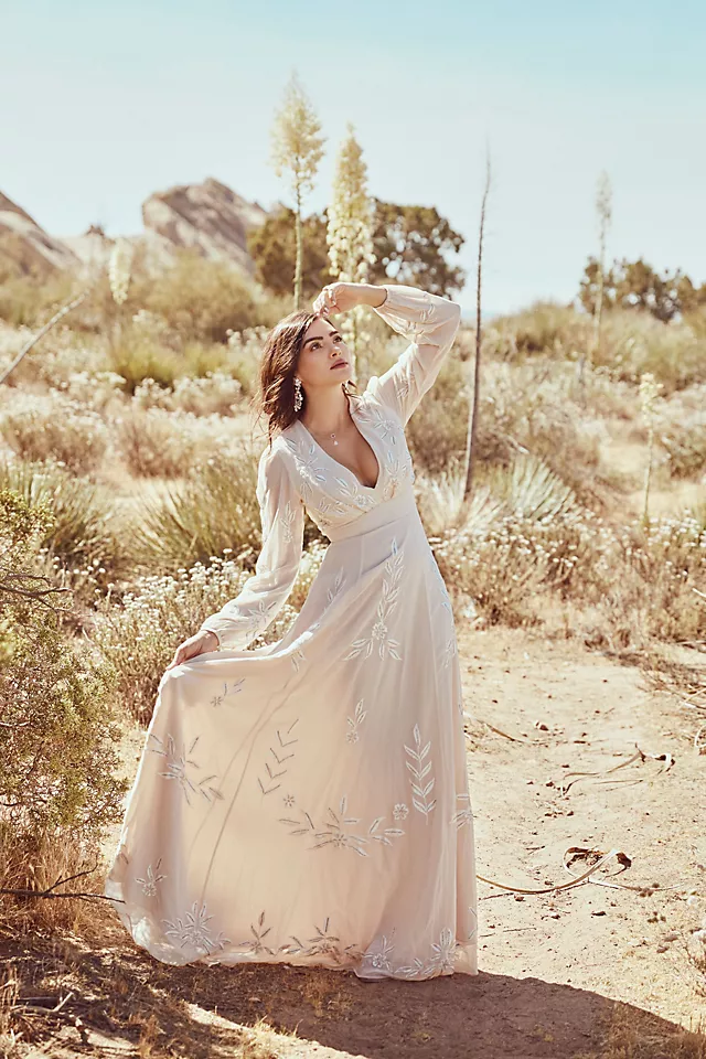 Embroidered A-Line Long-Sleeve V-Neck Gown Champagne