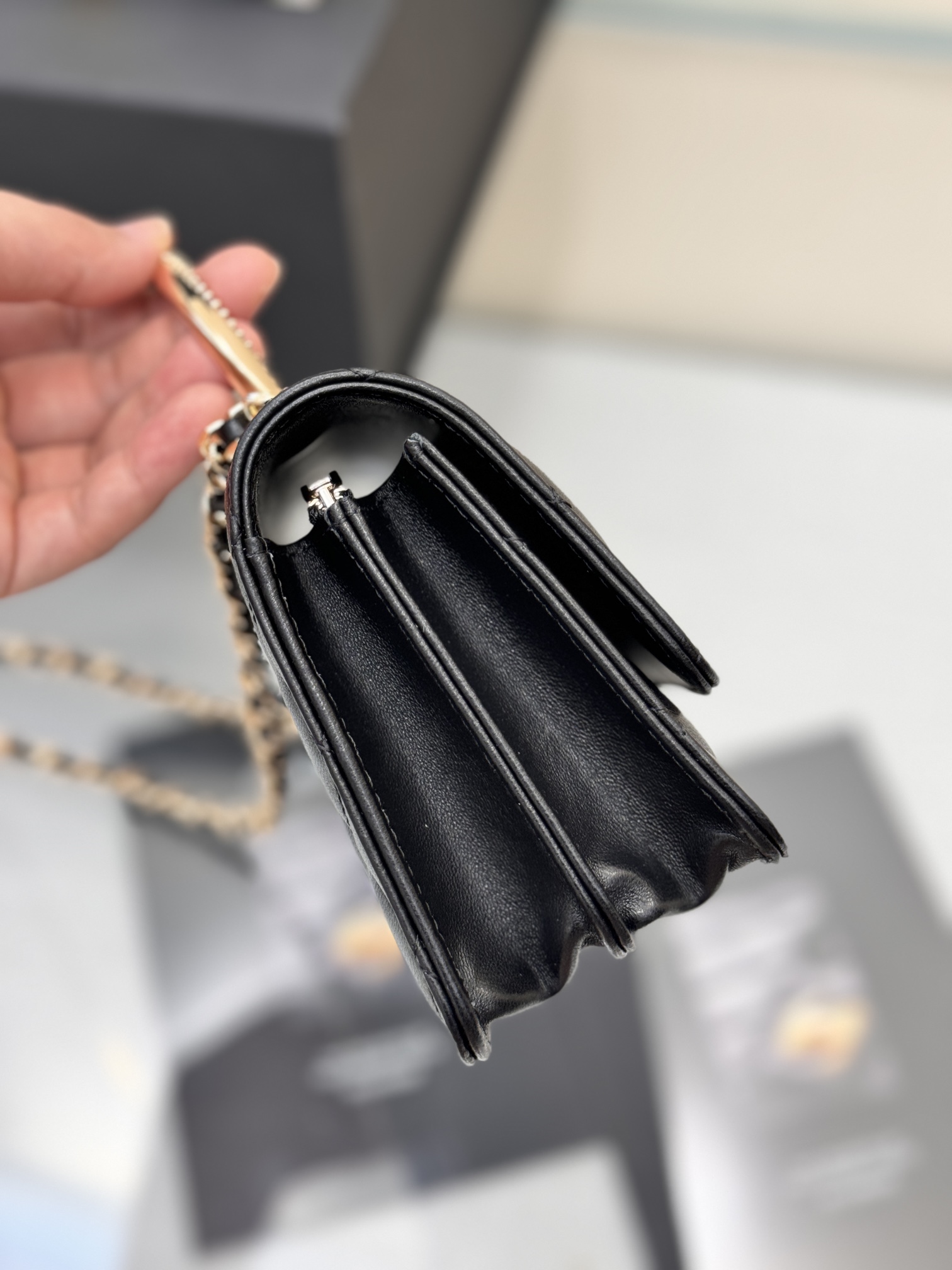 Wallet on Chain (WOC) with Crystal-Embellished Handle in Black Quilted Lambskin with Gold-Tone Hardware - Mocuir