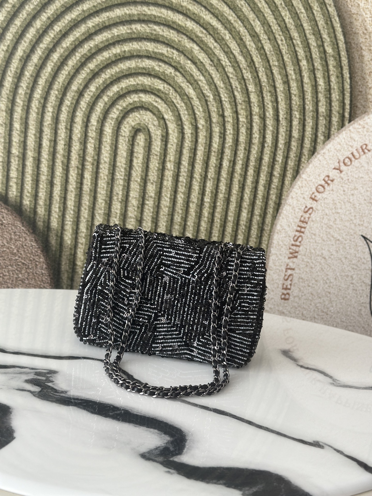 25C Classic Flap Black & White Diagonal Stripe Sequin Bag - Mocuir