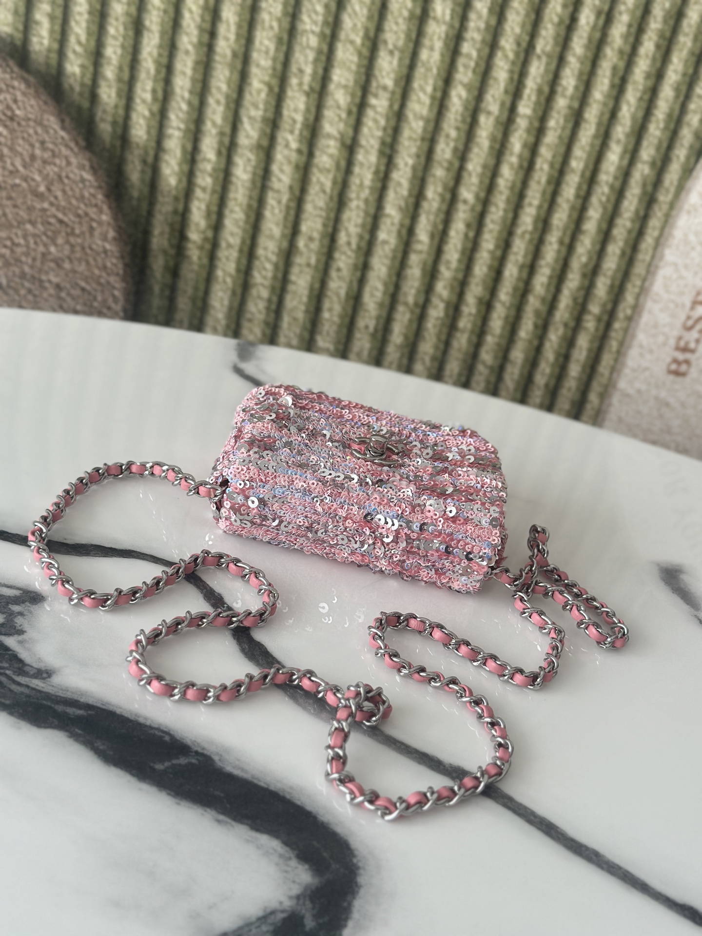 23C Large Mini Classic Flap Bag (AS3965) in Peach Pink Hand-Embroidered Sequins on Lambskin with Silver-Tone Hardware - Mocuir