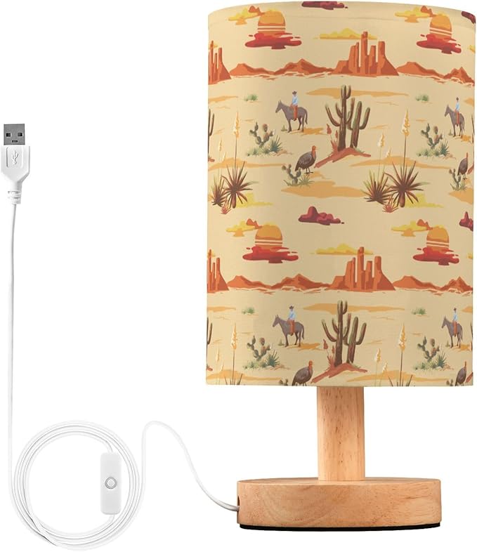 TWINKLETALE Table Lamp Vintage Desert Sunset Pattern Cactus Mountain Cowboy Horse Turkey Nightstand Lamp