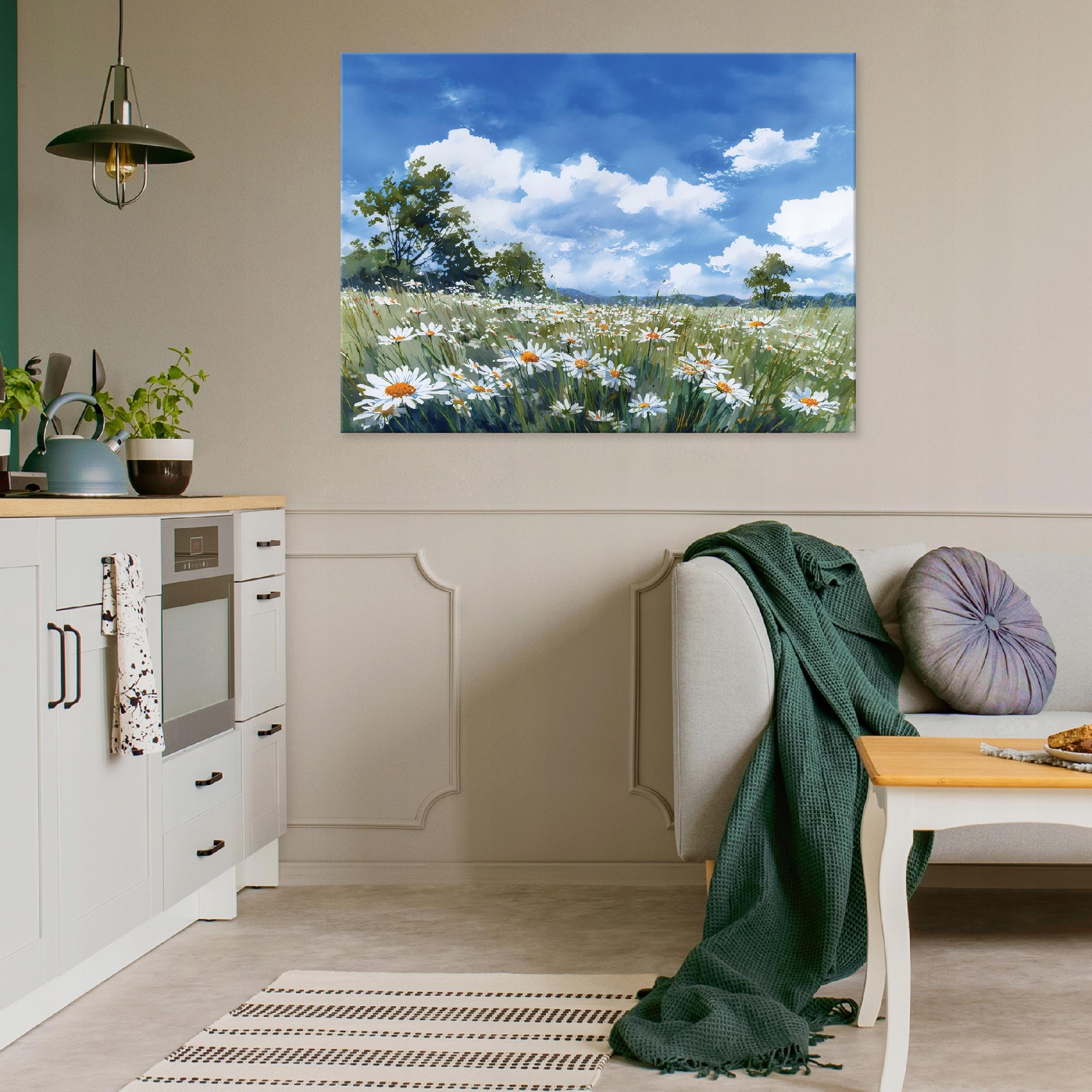 Painting of flowers, a field of daisies, a landscape for the bedroom or living room, on canvas, 40x30