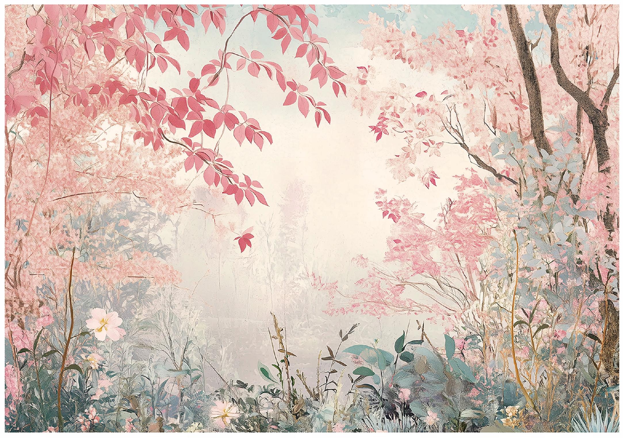Pink forest nature wall mural for bedroom or living room, non-woven wallpaper,