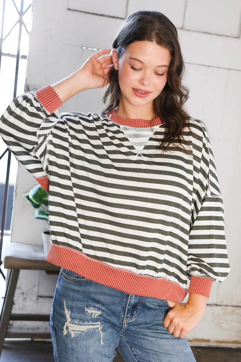 A Stripe Story Rust Crew Neck Pullover