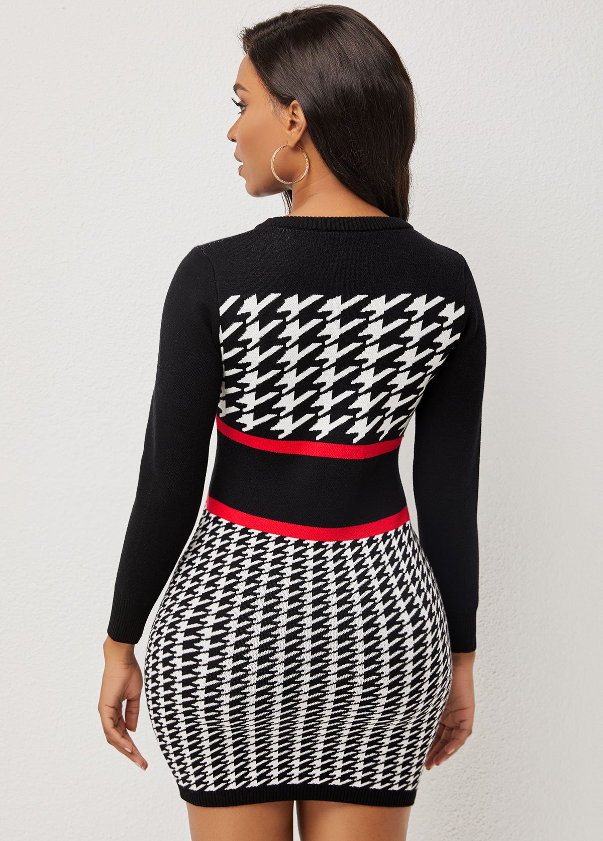 Round Neck Houndstooth Print Long Sleeve Sweater Dress