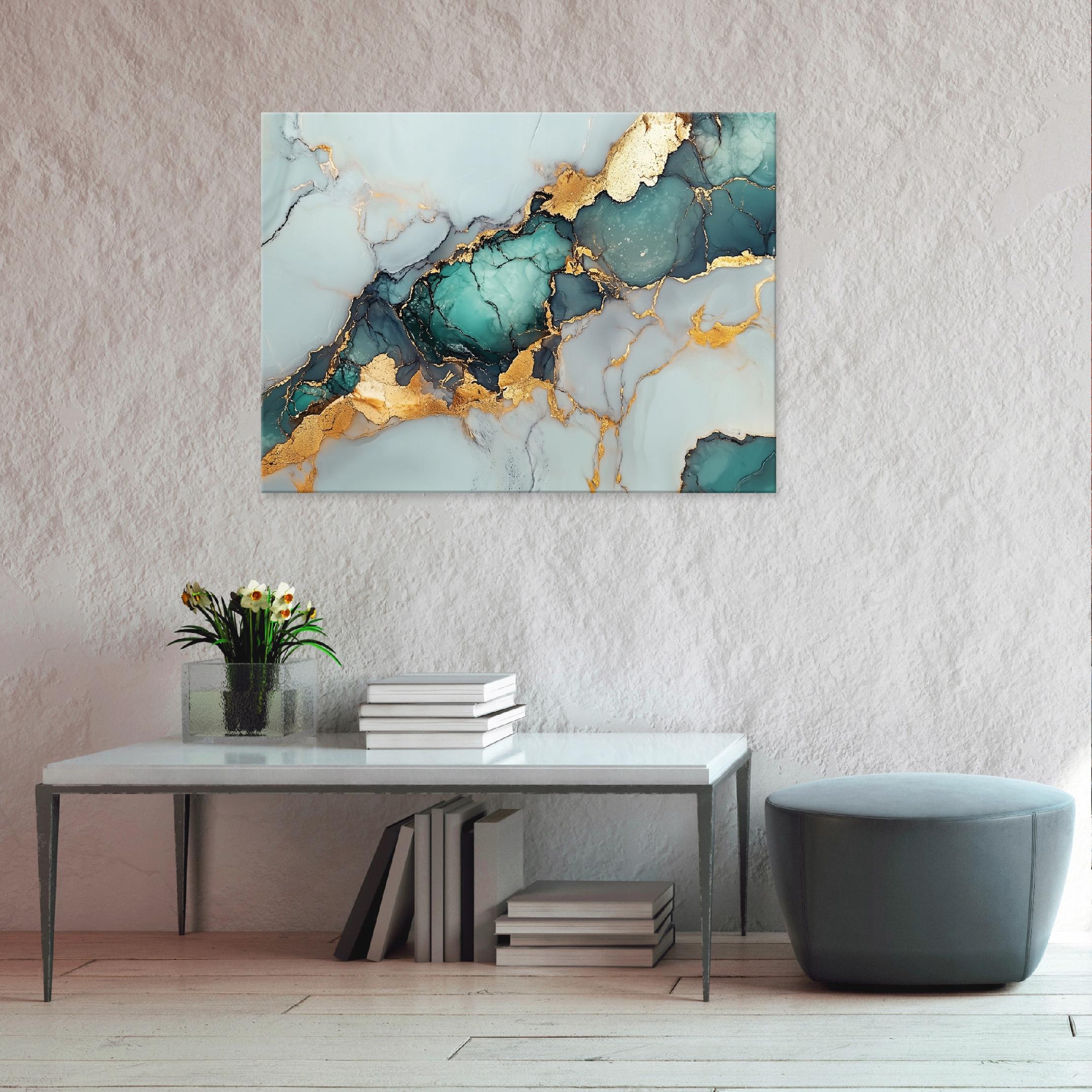 Abstract painting, marble, gold, green, for bedroom or living room, on canvas, 40x30