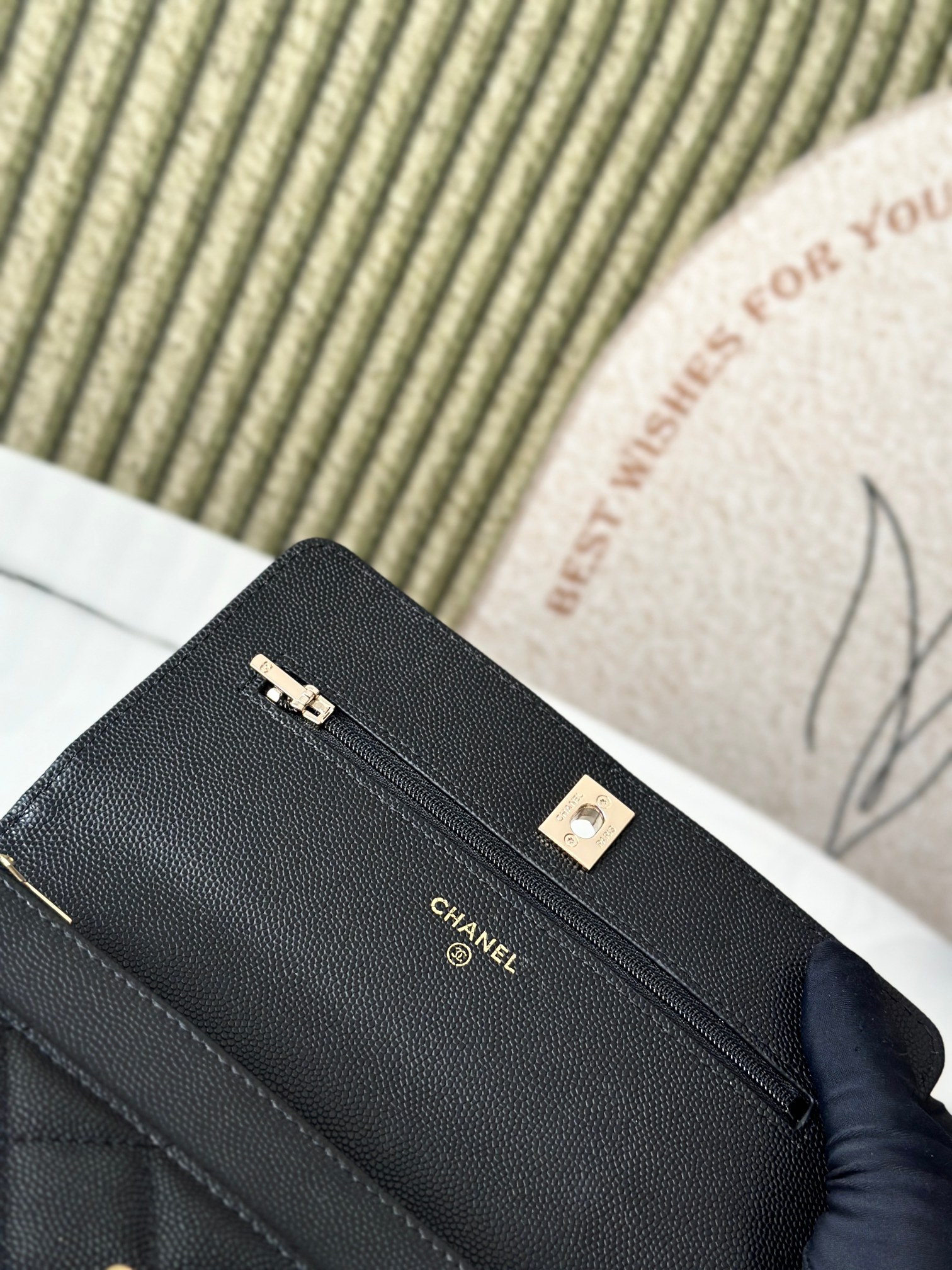 Wallet on Chain with Top Handle in Black Quilted Caviar Leather with Gold-Tone Hardware - Mocuir