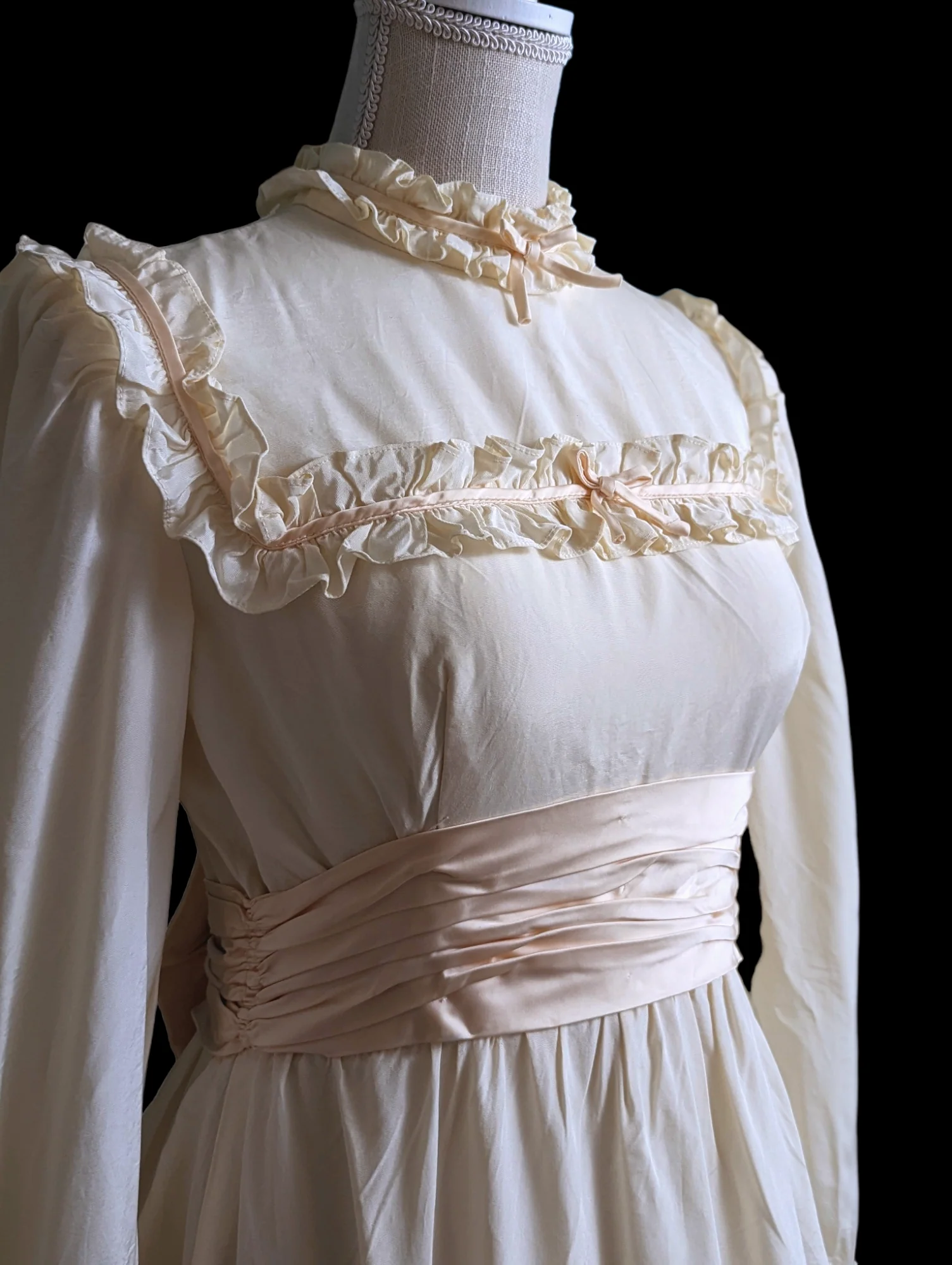 1960s Prairie Cottagecore Wedding Dress with Pink Satin Bows, Trimmings and Soft Ruffles