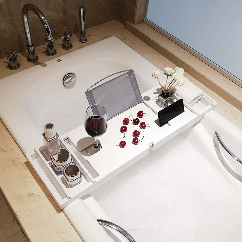 Bathtub storage rack bamboo multifunctional storage rack mobile phone bracket bathroom retractable bathroom storage rack