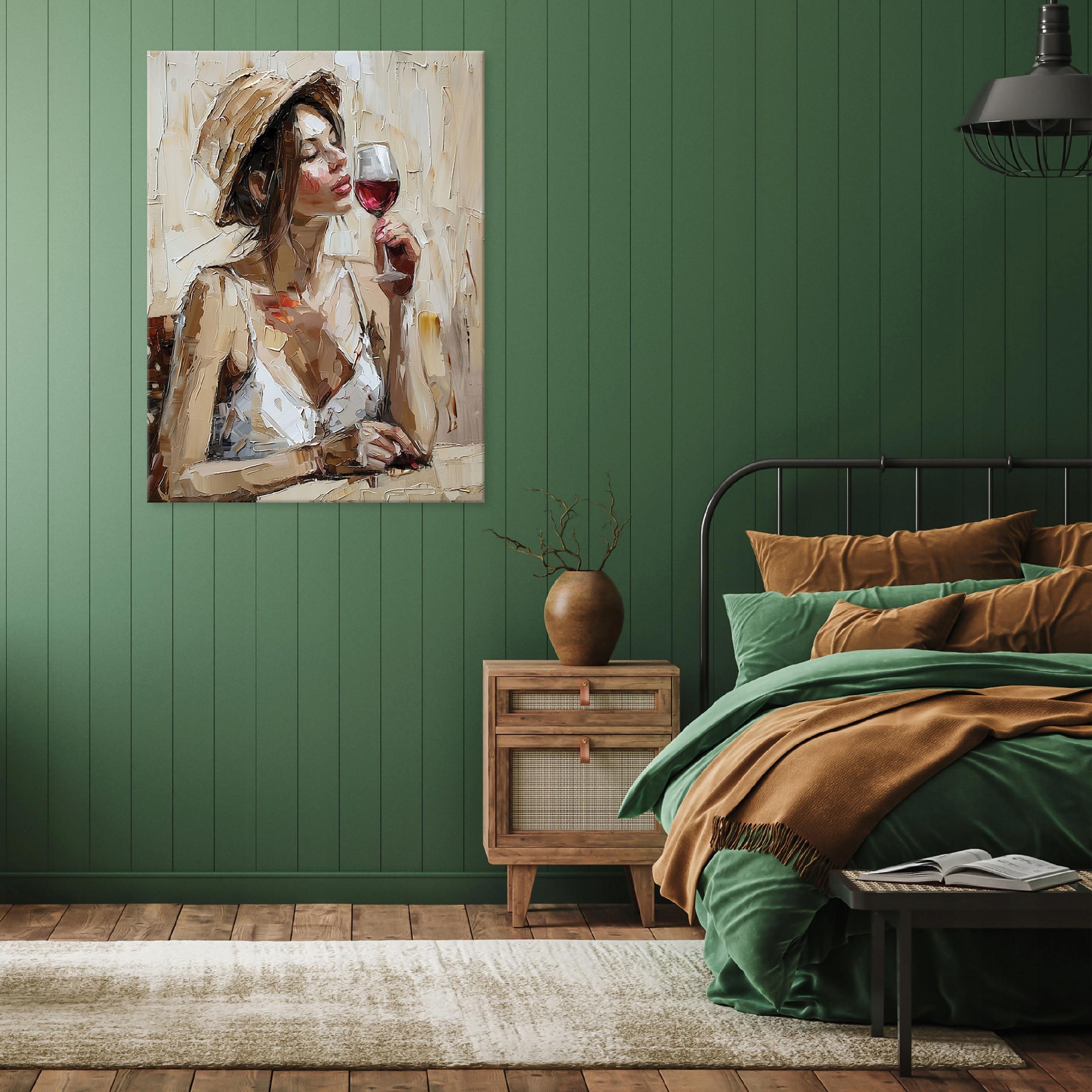 Painting of a woman in a hat, wine, a bedroom, and a living room on canvas, wall, 40x30