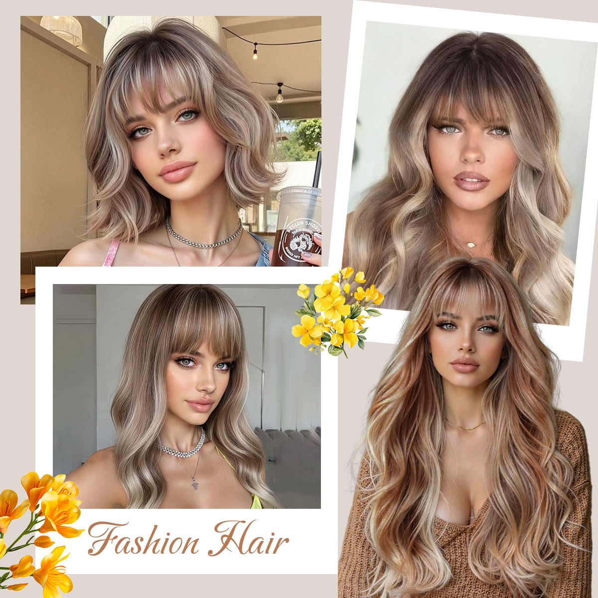 Ombre Blonde Wig with Bangs 26 Inch Long Curly Wavy Wigs for Women Begineer-friendly Synthetic Wig for Daily Party Holiday Use