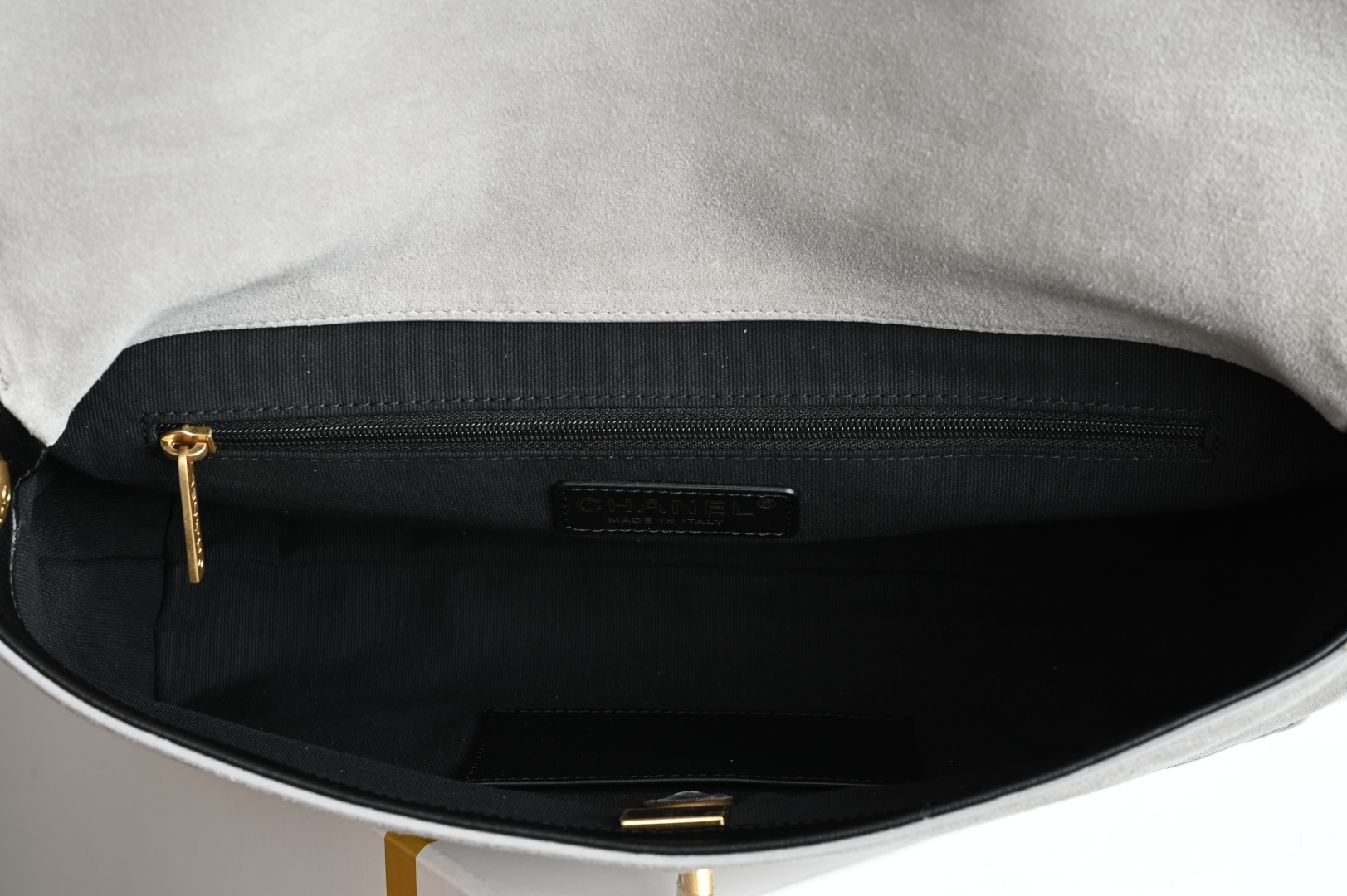 Large Flap Bag With Top Handle in Grey & Black Quilted Suede Lambskin and Shiny Lambskin with Gold-Tone Metal (Model AS5637) - Mocuir